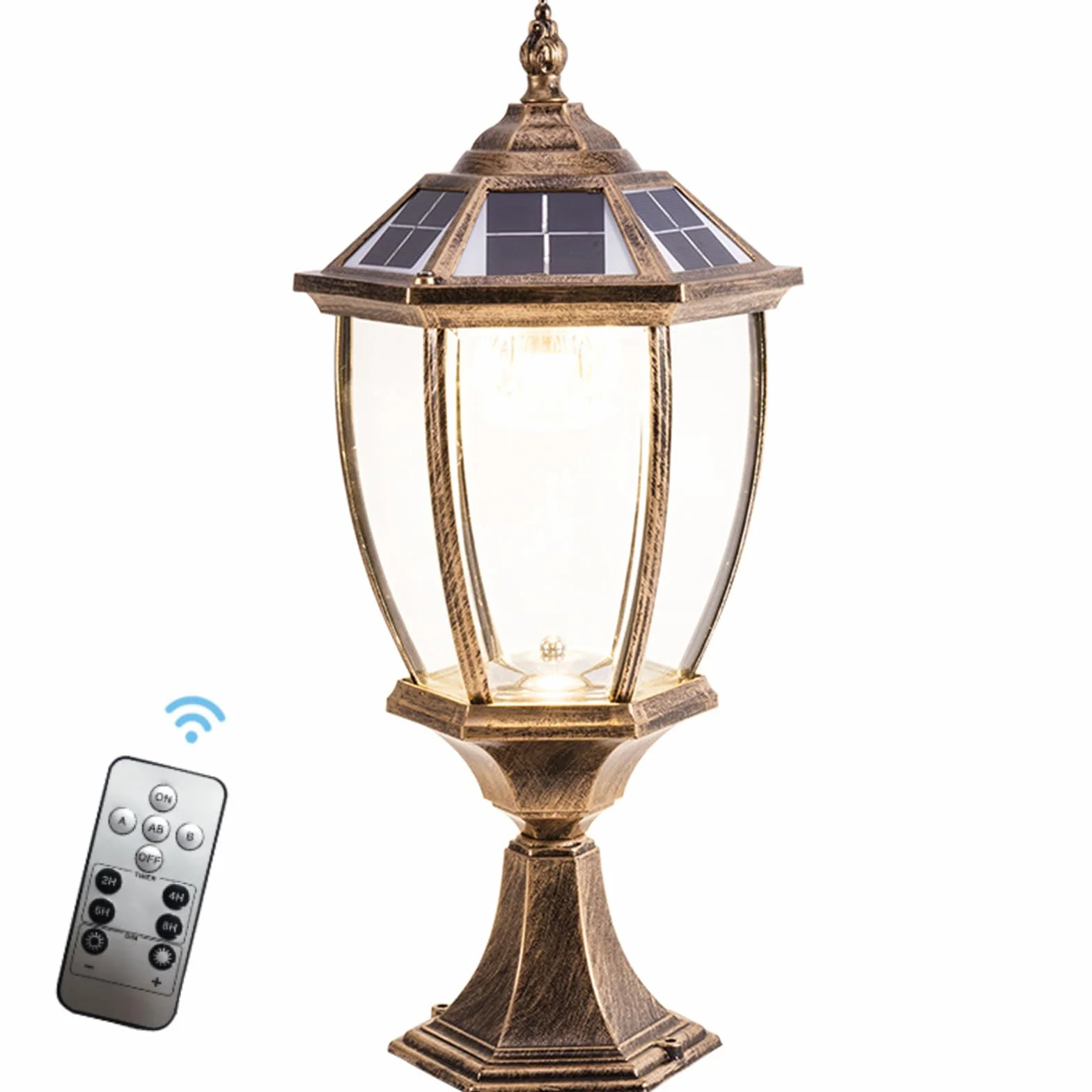 Wygięte sześciokątne lampy solarne na słupki, zewnętrzna szklana osłona, światło słupkowe LED, oświetlenie ogrodowe, oświetlenie krajobrazu, oświetlenie ogrodzeniowe, wodoodporność IP65, nowoczesna