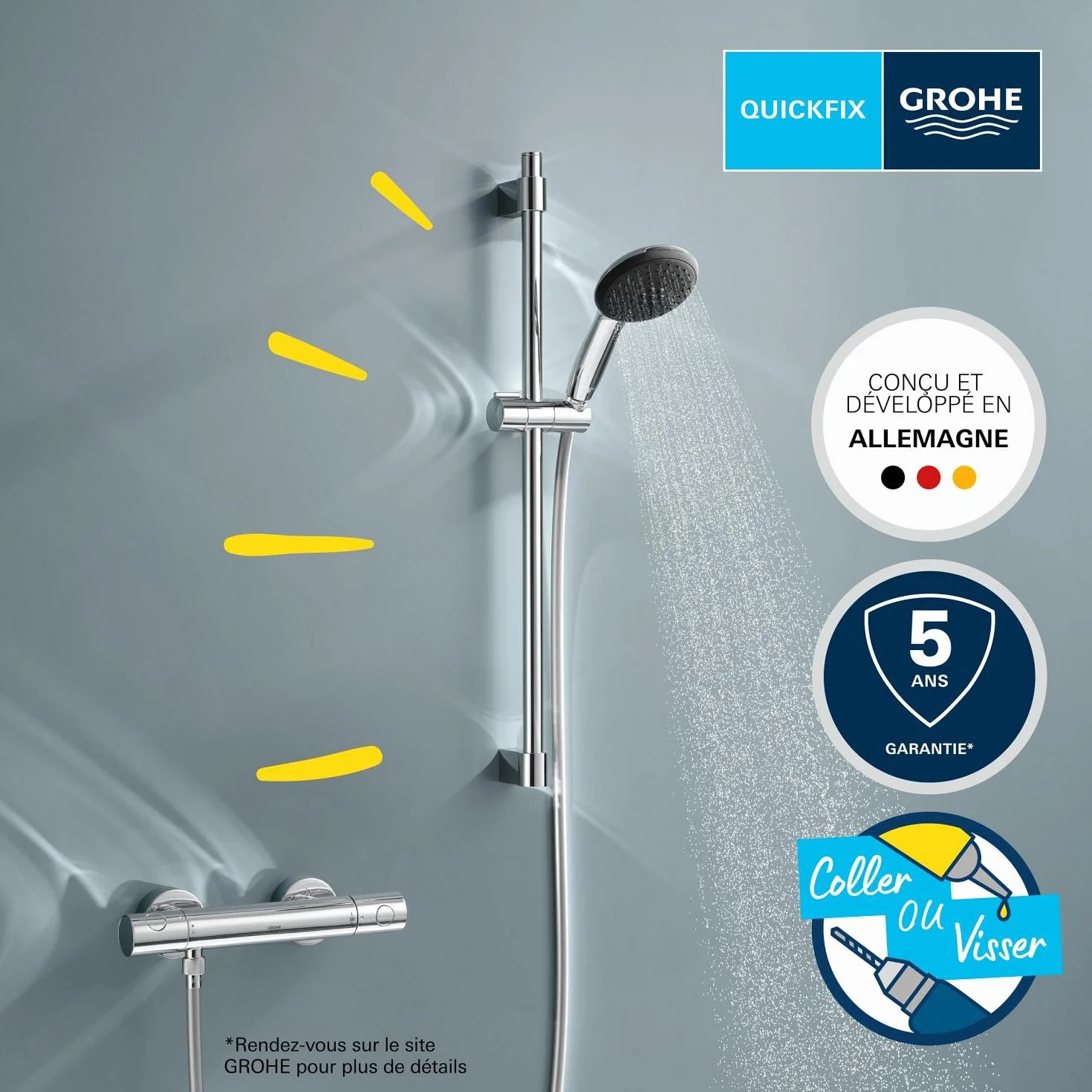 GROHE Precision Get 34856000 zestaw prysznicowy z termostatem oszczędzający wodę – 9 l na min (1 rodzaj strumienia, blokada bezpieczeństwa przy 38 C, drążek prysznicowy 60 cm, w zestawie z narzędziami