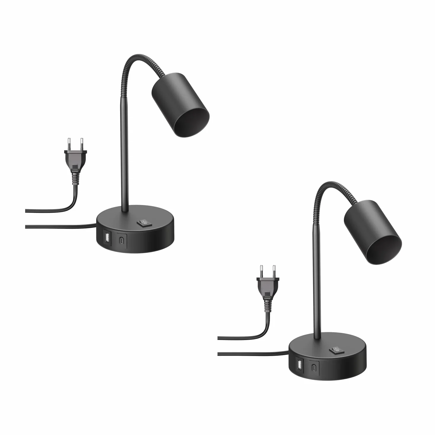 ledscom.de 2x lampa stołowa WAIKA, giętka szyjka, przełącznik, okrągła, czarna, USB-A, USB-C, 1x GU10 maks. 15 W