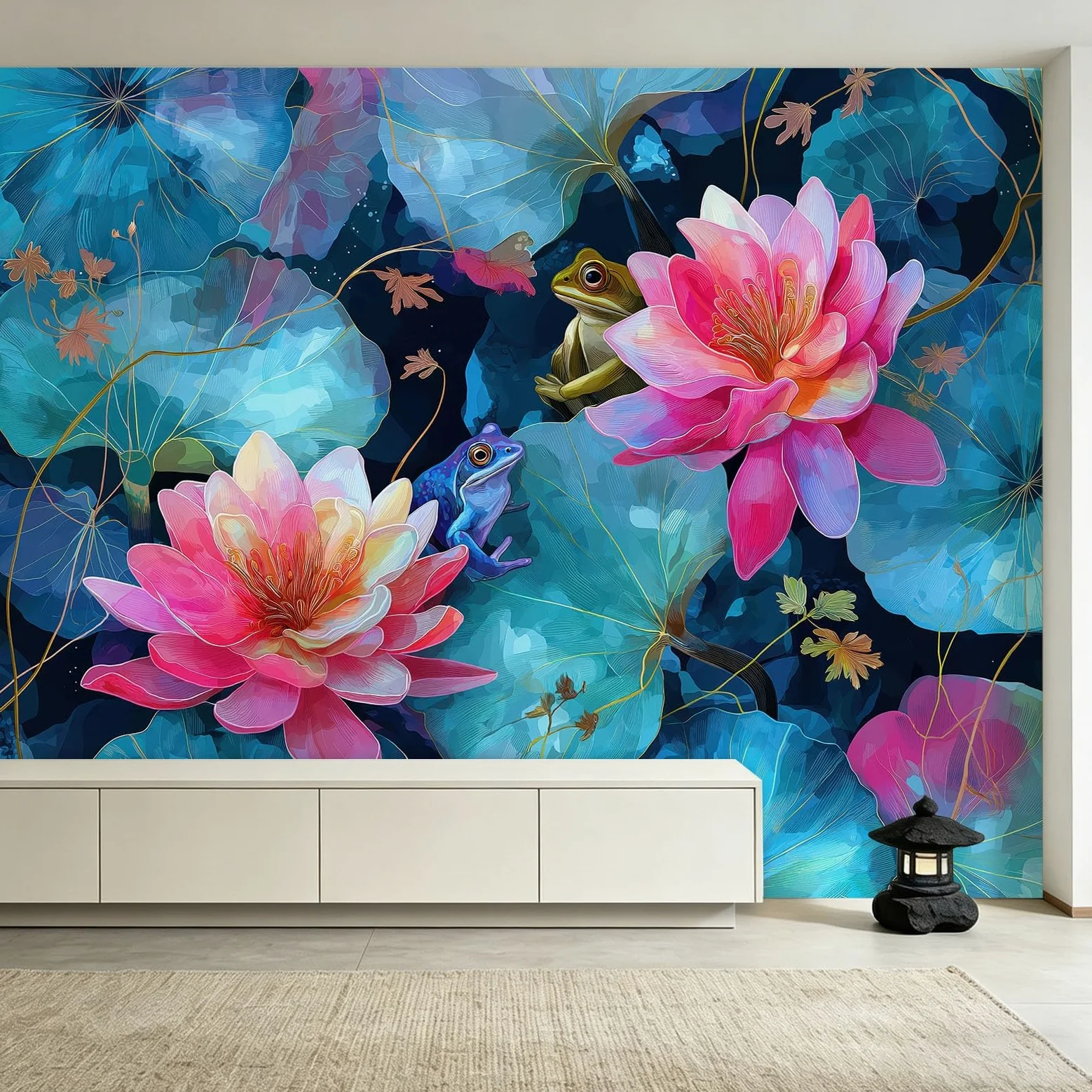 Générique Tapeta ścienna do salonu - akwarela żaby zwierzęta - 350x256cm Panoramiczna tapeta z włókniny, kwiatowe lilie wodne liście lotosu dekoracja ścienna 3D gobelin zdjęcie