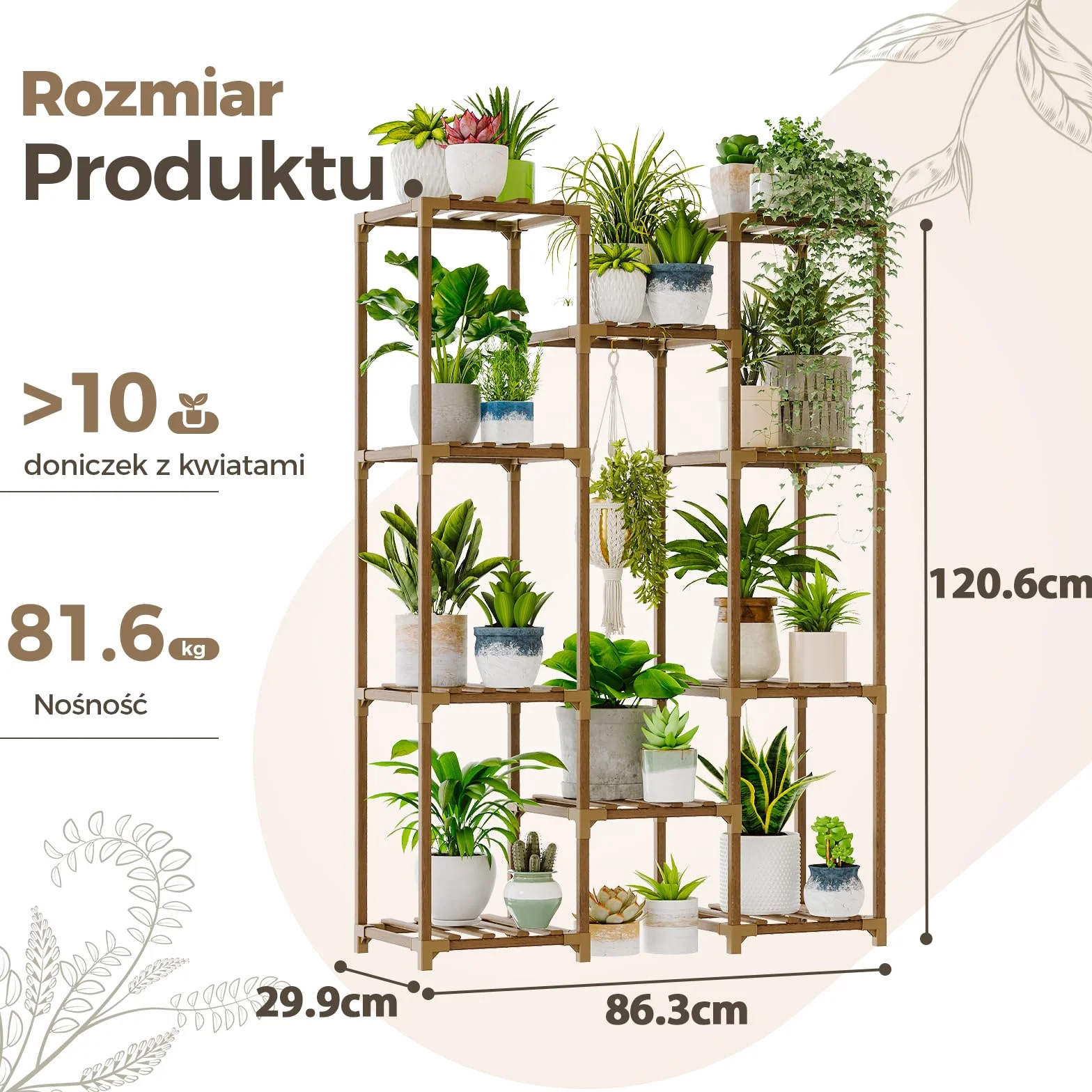 BAMWORLD Drewniana Wisząca Półka na Rośliny Duży Stojak na Doniczki Salon Taras Balkon