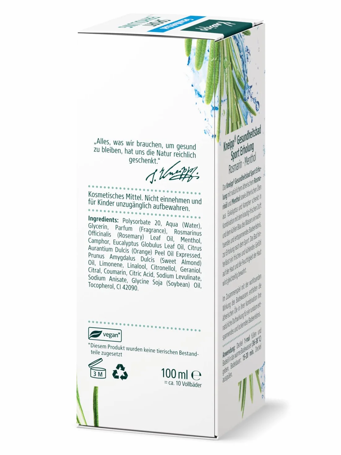 Kneipp Kąpiel zdrowotna, sport rekreacja – olejek do kąpieli z naturalnym olejkiem eterycznym rozmarynu i mentolem oraz olejkami eterycznymi z eukaliptusa i kamfory – relaksujący i rozluźniający – z