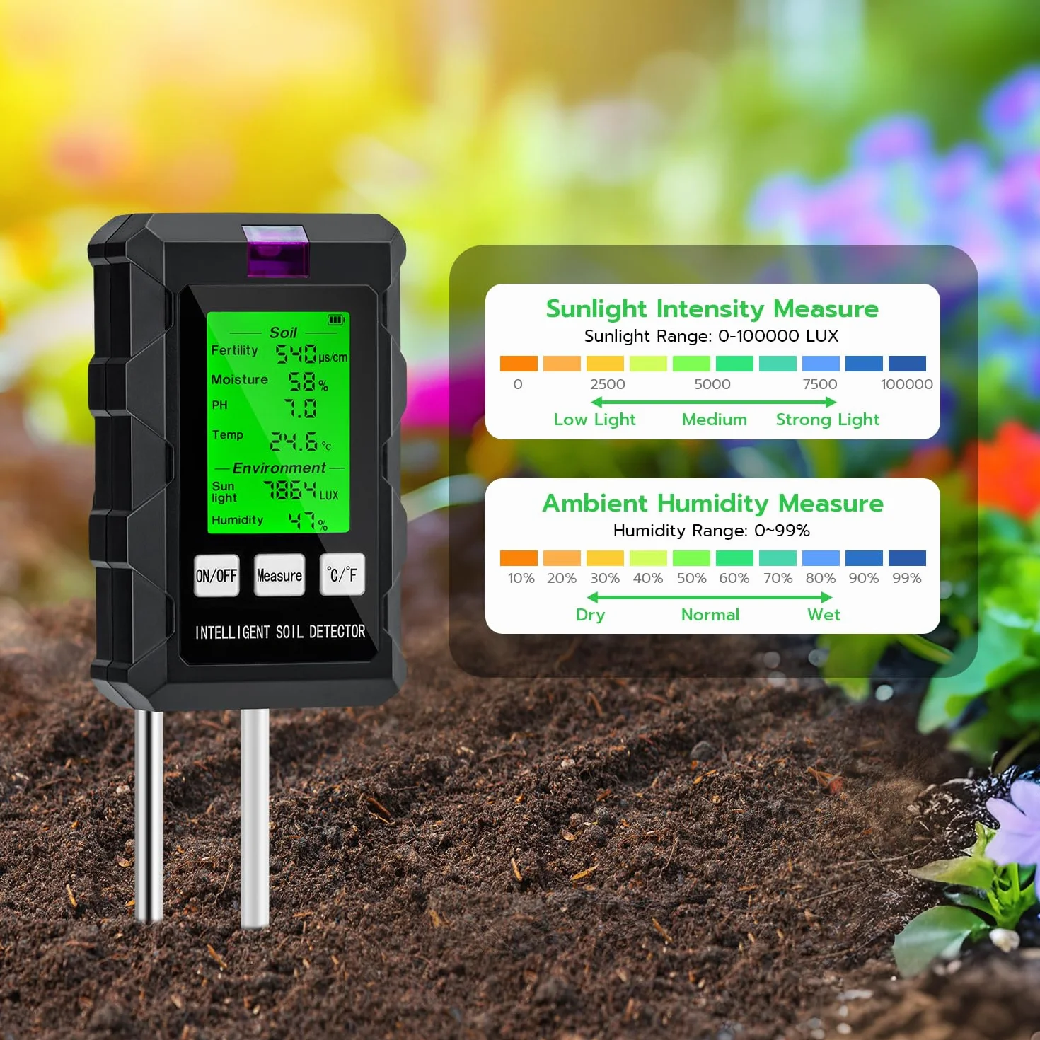 Mcbazel Tester gleby, wielofunkcyjny tester gleby 6 w 1 pH/temperatura/płodność/natężenie światła / wilgotność otoczenia, miernik wilgotności powietrza do roślin trawnikowych/roślin