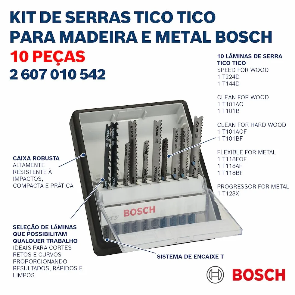 Bosch Professional 10-częściowy zestaw brzeszczotów do wyrzynarek w opakowaniu Robust (do drewna, metalu, laminatu, płyty meblowej, Akcesoria do wyrzynarek z uchwytem T)