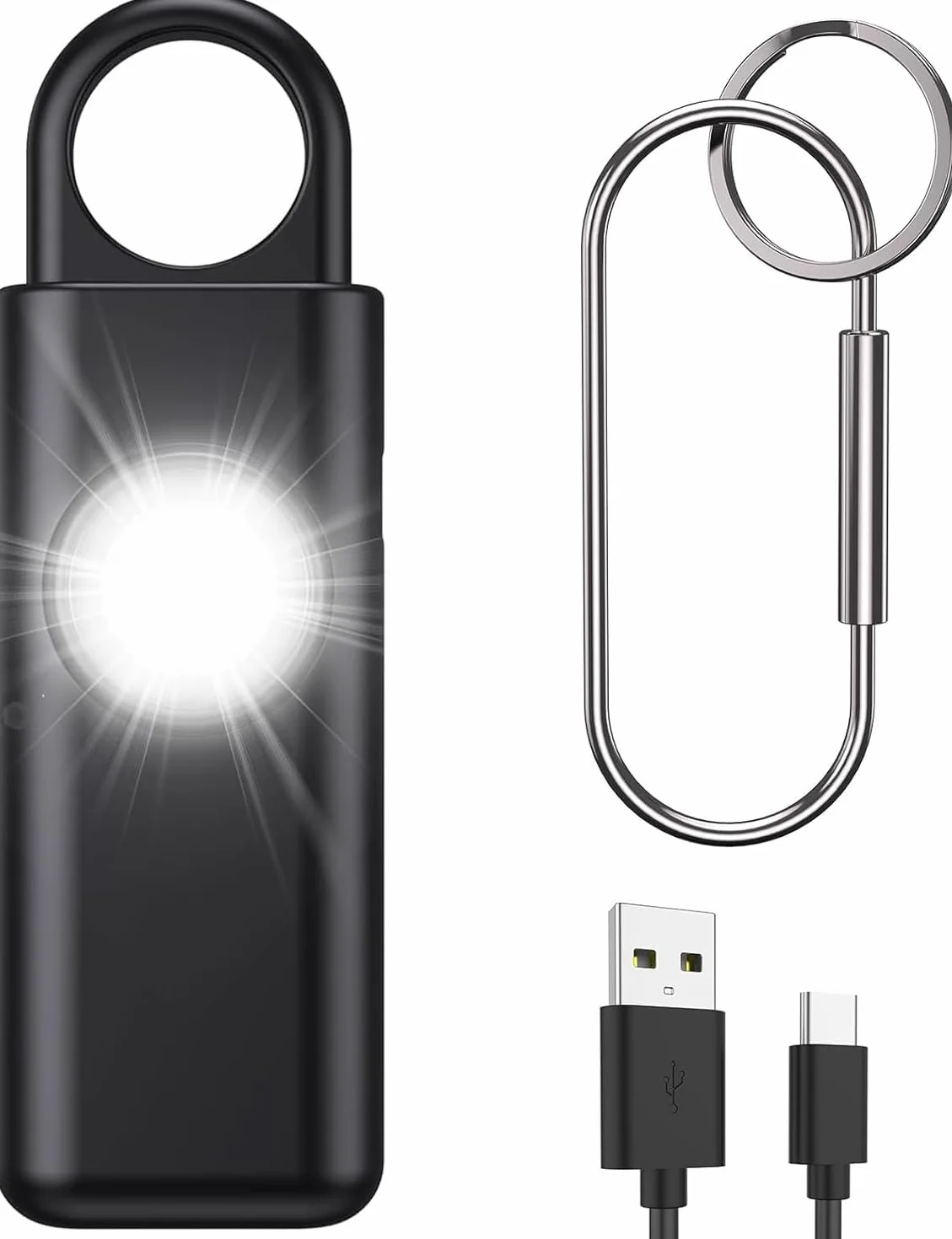 Alarm kieszonkowy dla kobiet, syrenka 130 dB z oświetleniem LED, osobisty brelok, samoobrona z akumulatorem USB, dla kobiet/dzieci