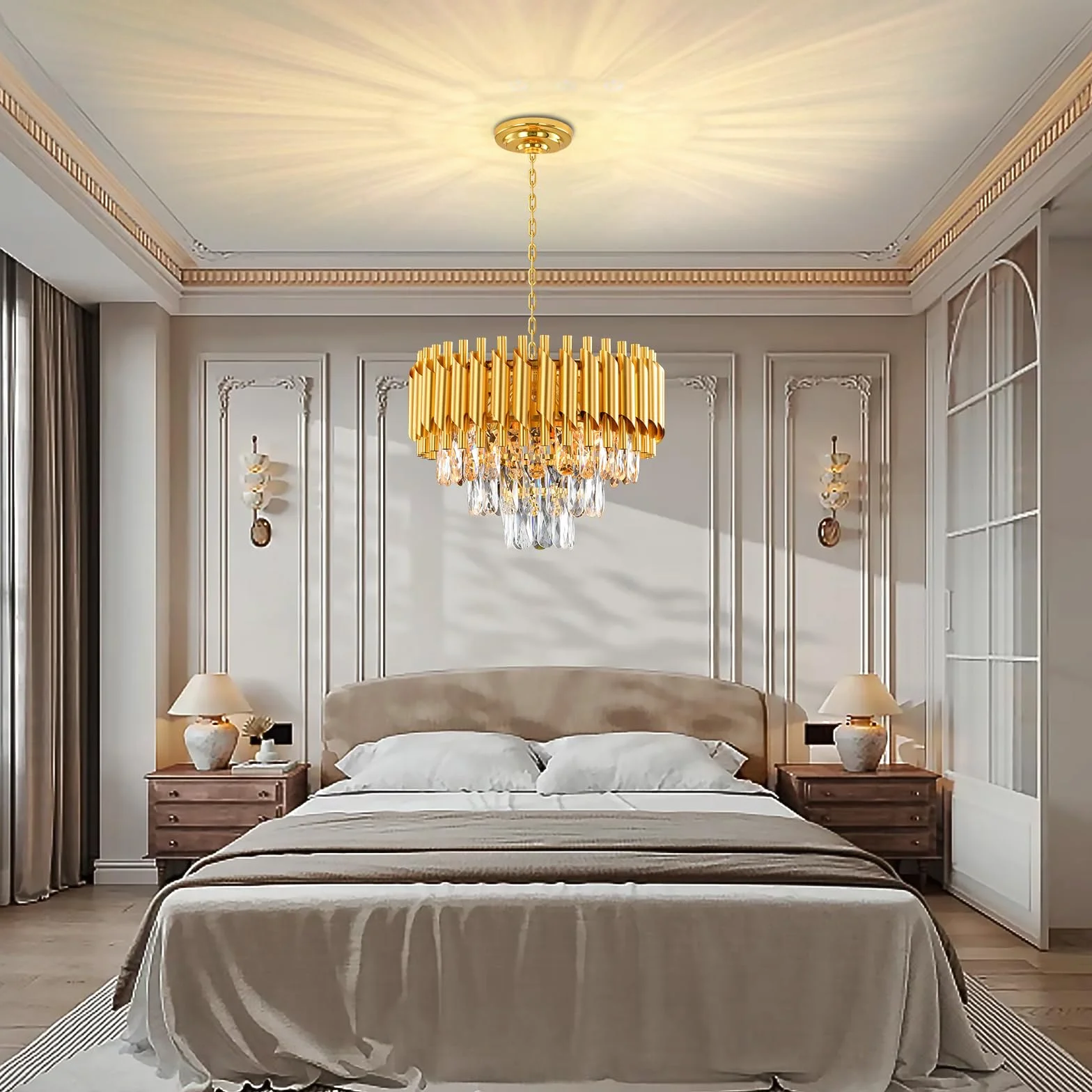 Nowoczesny żyrandol kryształowy, Czarno-złoty kryształowy żyrandol, przejrzysta lampa sufitowa K9 lampa wisząca do sypialni, salonu, jadalni