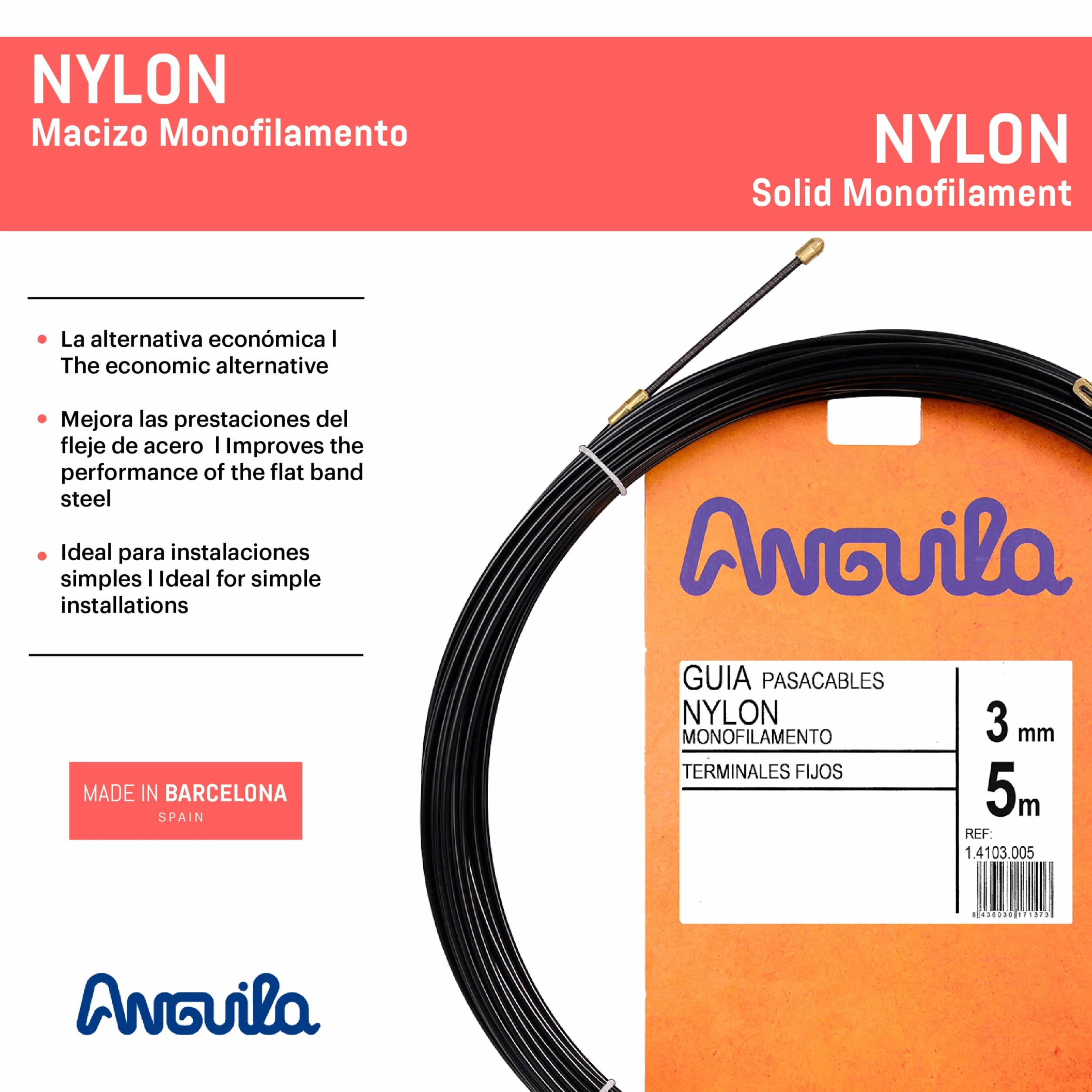 Anguila Pomoc do wciągania kabli | stałe końcówki | pojedyncze włókno lite | nylon | kolor czarny | średnica 3 mm | 5 metrów