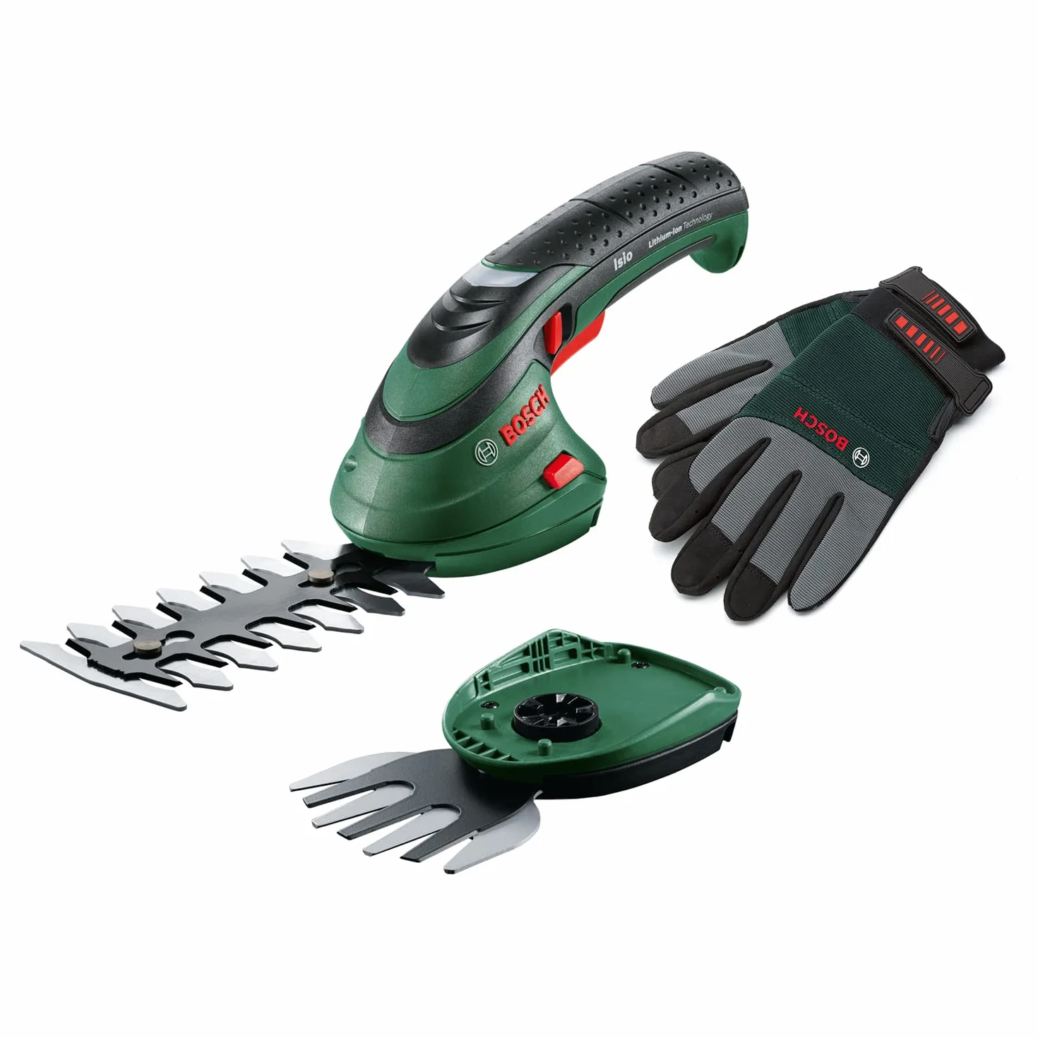 Bosch Isio Zestaw z akumulatorowymi nożycami do przycinania krawędzi (3,6 V, długość ostrza: 12 cm, odstęp pomiędzy nożami: 8 mm, rękawice ogrodowe XL, Zielone – Amazon Edition
