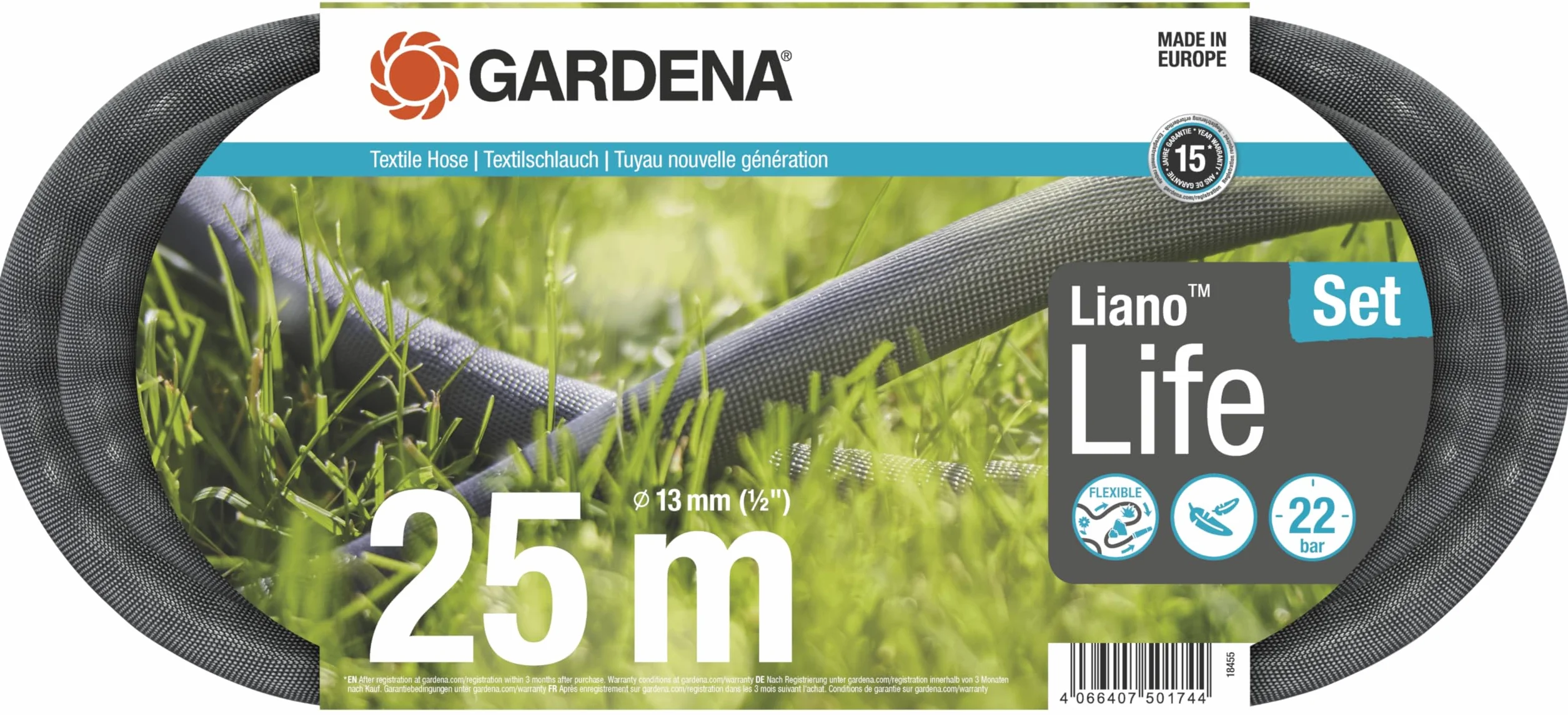 Gardena Liano Life, wąż materiałowy 1/2 cala, 25 m: Wysoko elastyczny wąż ogrodowy z tkaniny, z wężem wewnętrznym PVC, bez zginania, lekki, odporny na czynniki atmosferyczne (18455-20)