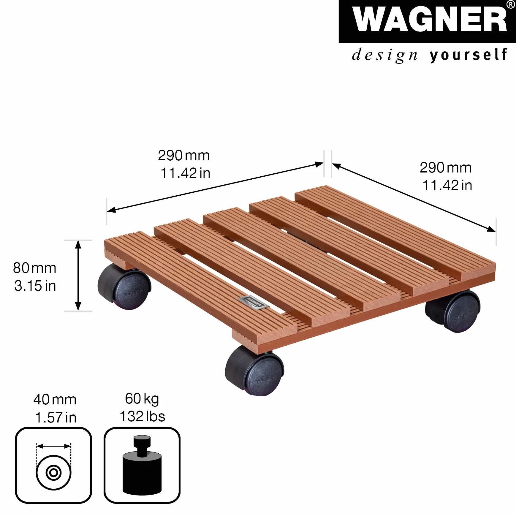 Wagner wałek do roślin WPC 29 x 29 x 8 cm, do stosowania na zewnątrz + do wnętrz, wałek do donicy z kompozytu FSC® Wood Plastic Composite, terakota, nośność 60 kg - 20051001