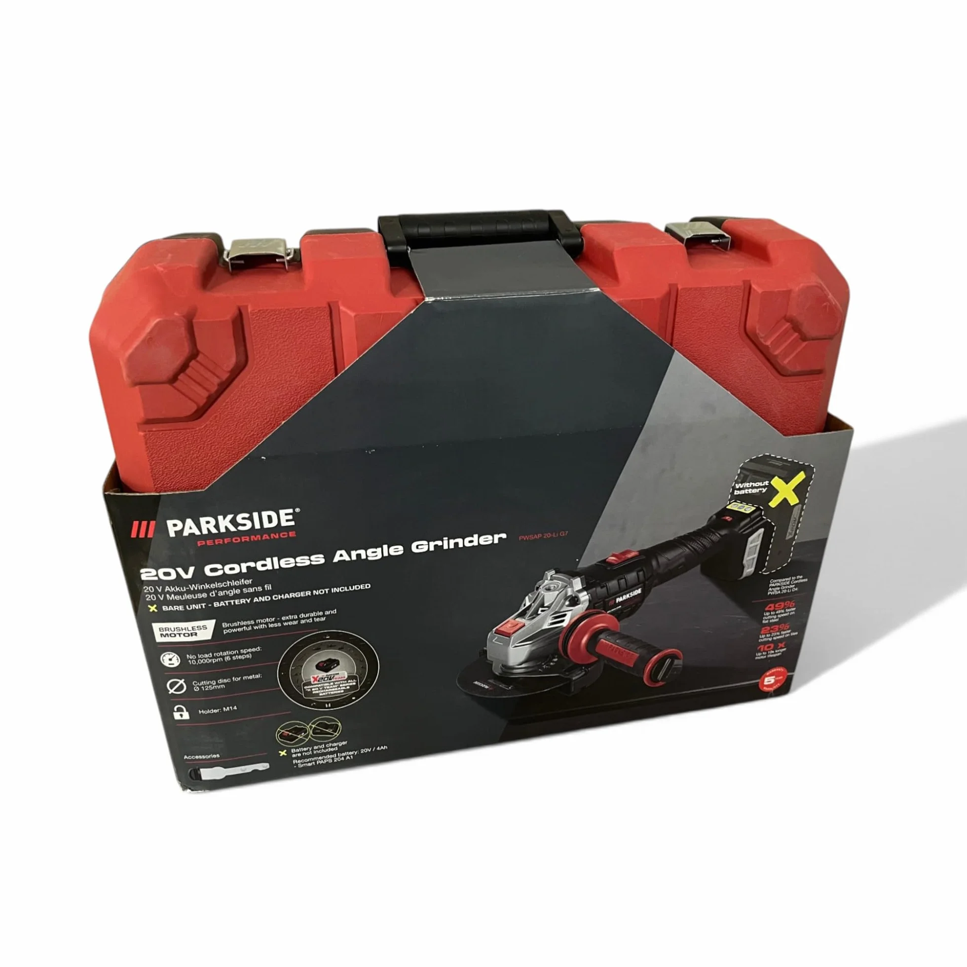 PARKSIDE Performance X20V PWSAP 20 Bezprzewodowa szlifierka kątowa (bez szczotek/bezszczotkowa, bez akumulatora, bez ładowarki, w walizce transportowej)
