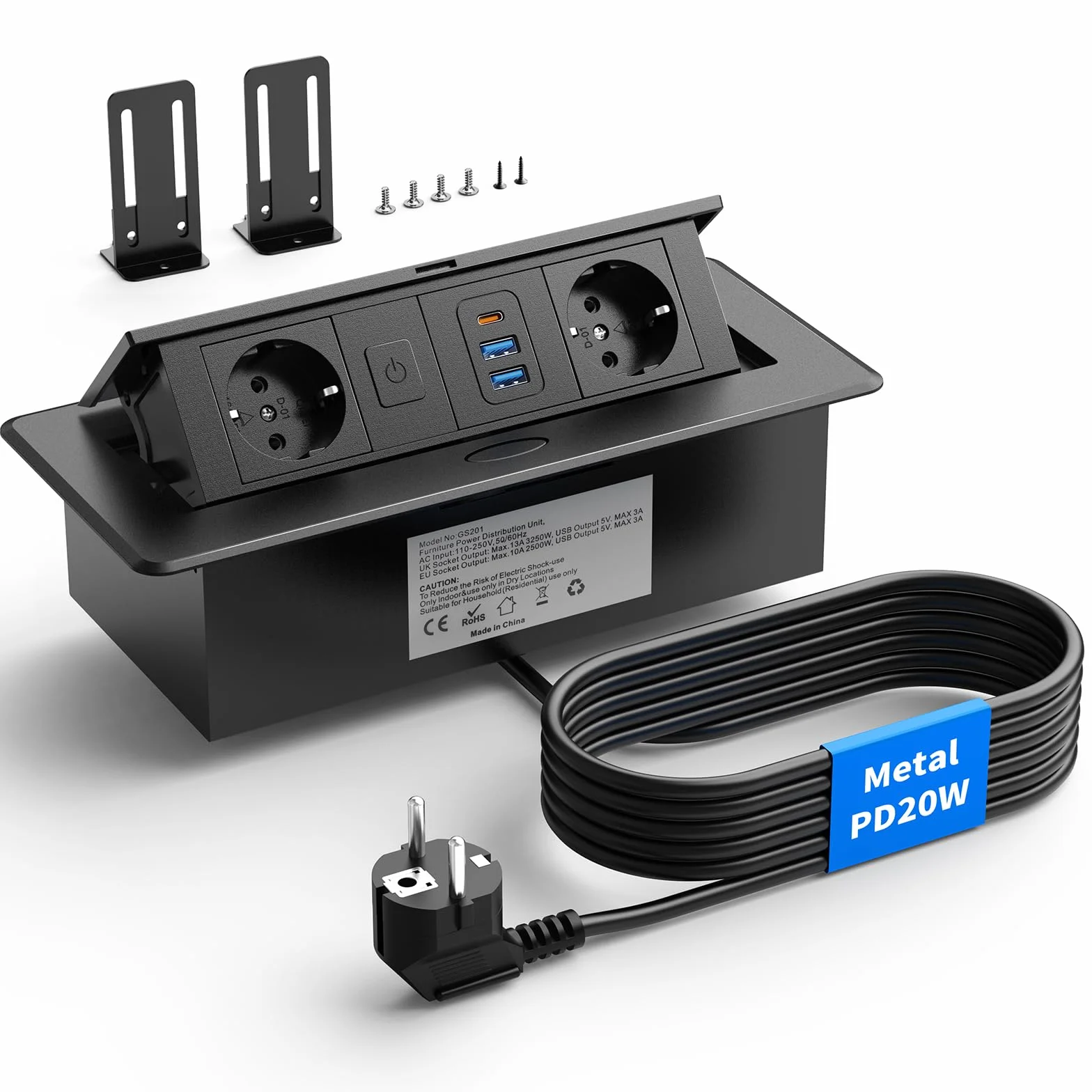 Wysuwane gniazdko aluminiowe z przełącznikiem, USB-C PD 20 W i 2 USB-A, gniazdko do zabudowy na biurko i do kuchni, 2500 W, 10 A, kabel 1,8 m, czarne