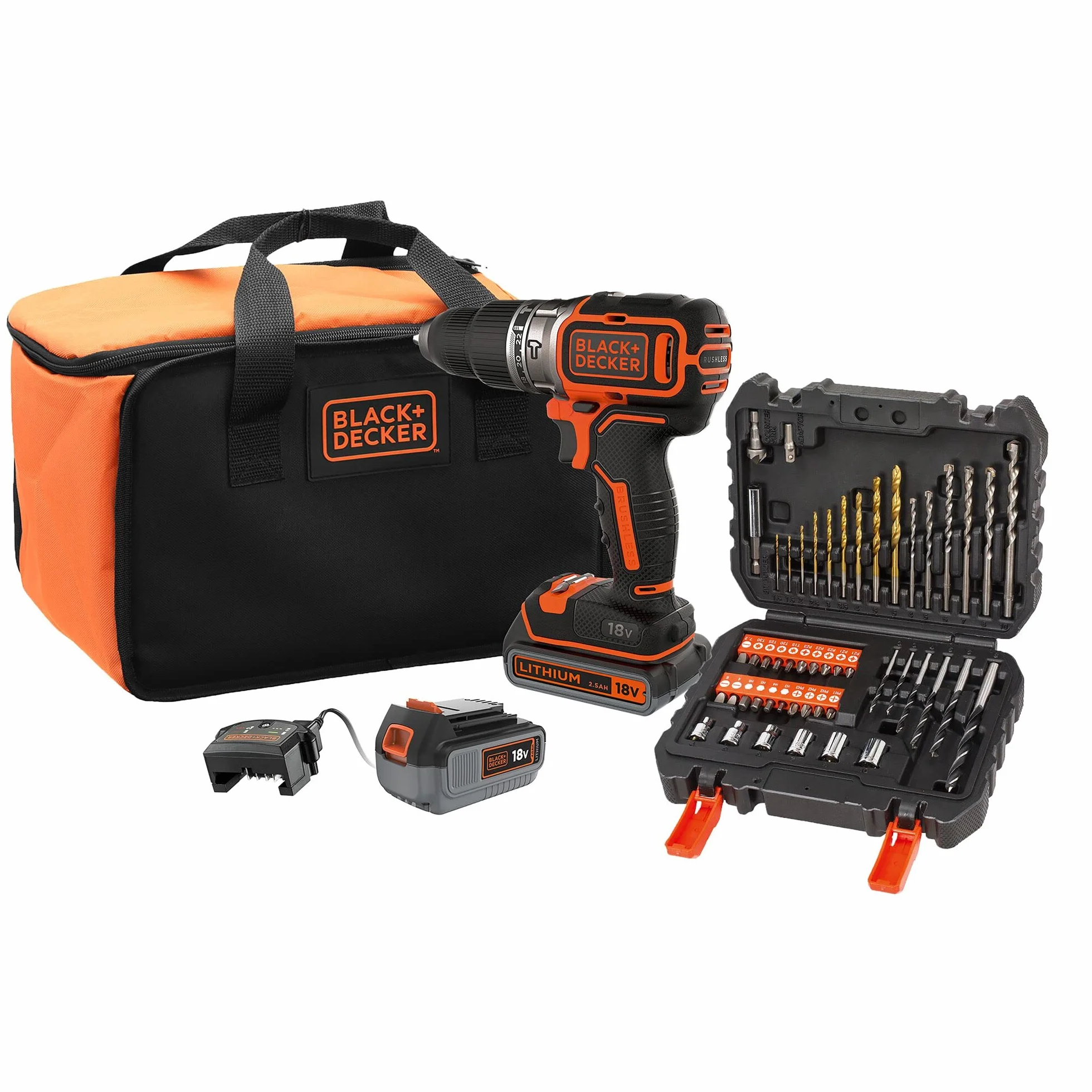 BLACK+DECKER Wiertarka udarowa 18 V, silnik bezszczotkowy, uchwyt wiertarski 13 mm, LED, 2 baterie, 50 akcesoriów, ładowarka, torba, BL188ME2SA-QW