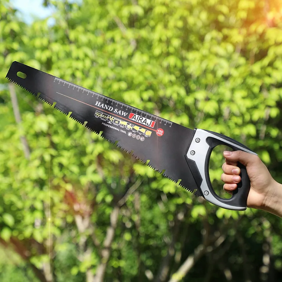 AIRAJ Profesjonalna piła ręczna 450 mm z ogranicznikiem 45° i 90°, wygodna, ergonomiczna rękojeść antypoślizgowa, uniwersalna, idealna do cięcia gałęzi ogrodowych, desek drewnianych i płyt prasowanych