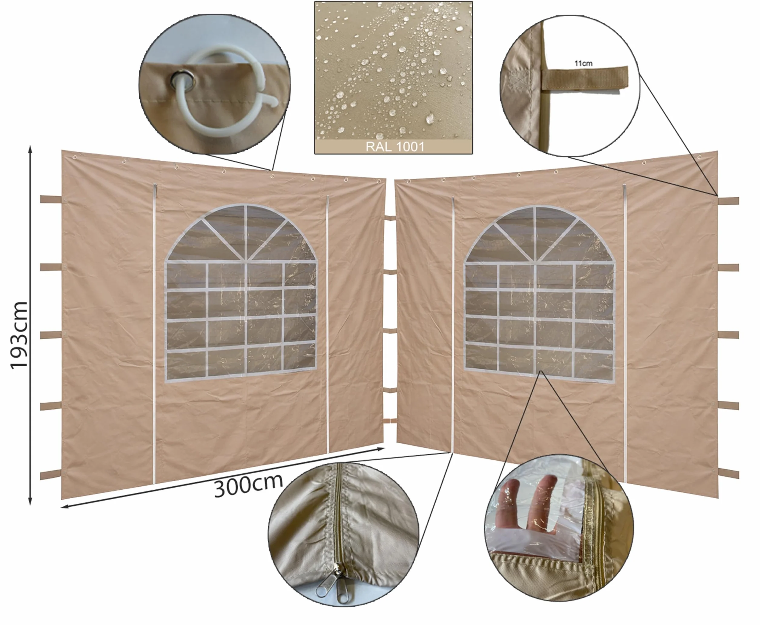 QUICK STAR panele boczne z okienkiem PCW 300x193 cm do pawilonu Sahara 3x3 m piaskowy
