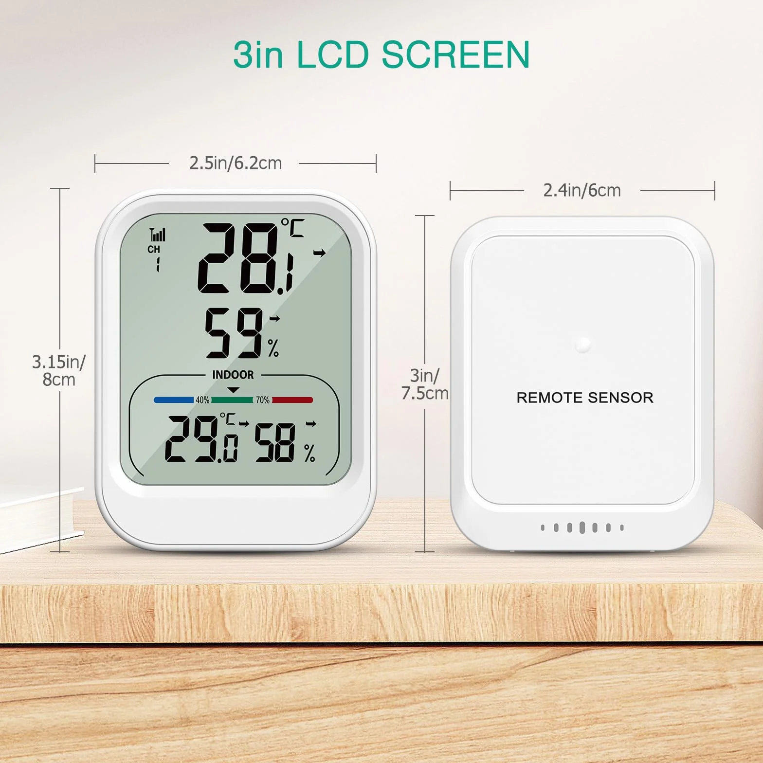 Oria Cyfrowy termometr, higrometr, wewnętrzny/zewnętrzny termometr z bezprzewodowym czujnikiem, 3-calowy ekran LCD, MAX/MIN (24h/48h/cały czas), ℃/℉, monitor temperatury i wilgotności do domu i biura