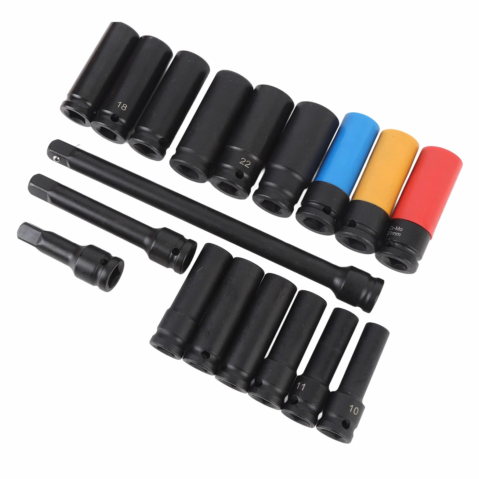 18 szt. Zestaw Nasadek Udarowych 1/2 Cala z 3-calowym, 5-calowym 10-calowym Przedłużaczem CRV Rozmiar Metryczny 10 do 24 Mm 6-punktowy do Naprawy Automatycznej, Długi Czas Zapewniający