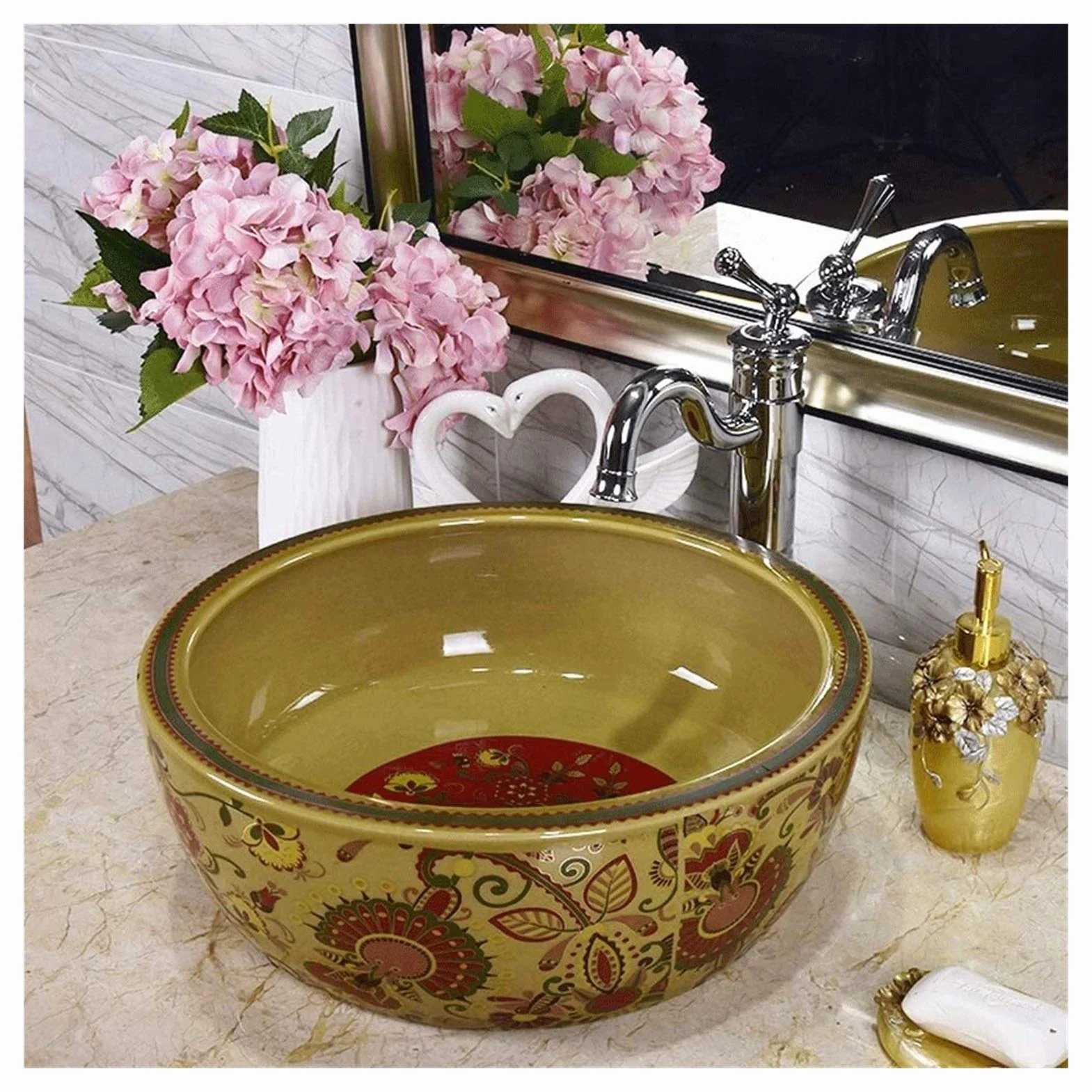 Szafka Pod Umywalkę Z Umywalką, Umywalka Łazienkowa Nablatowa, Okrągła Ceramiczna Umywalka Łazienkowa Nablatowa W Stylu Vintage, Porcelanowa Miska Nablatowa