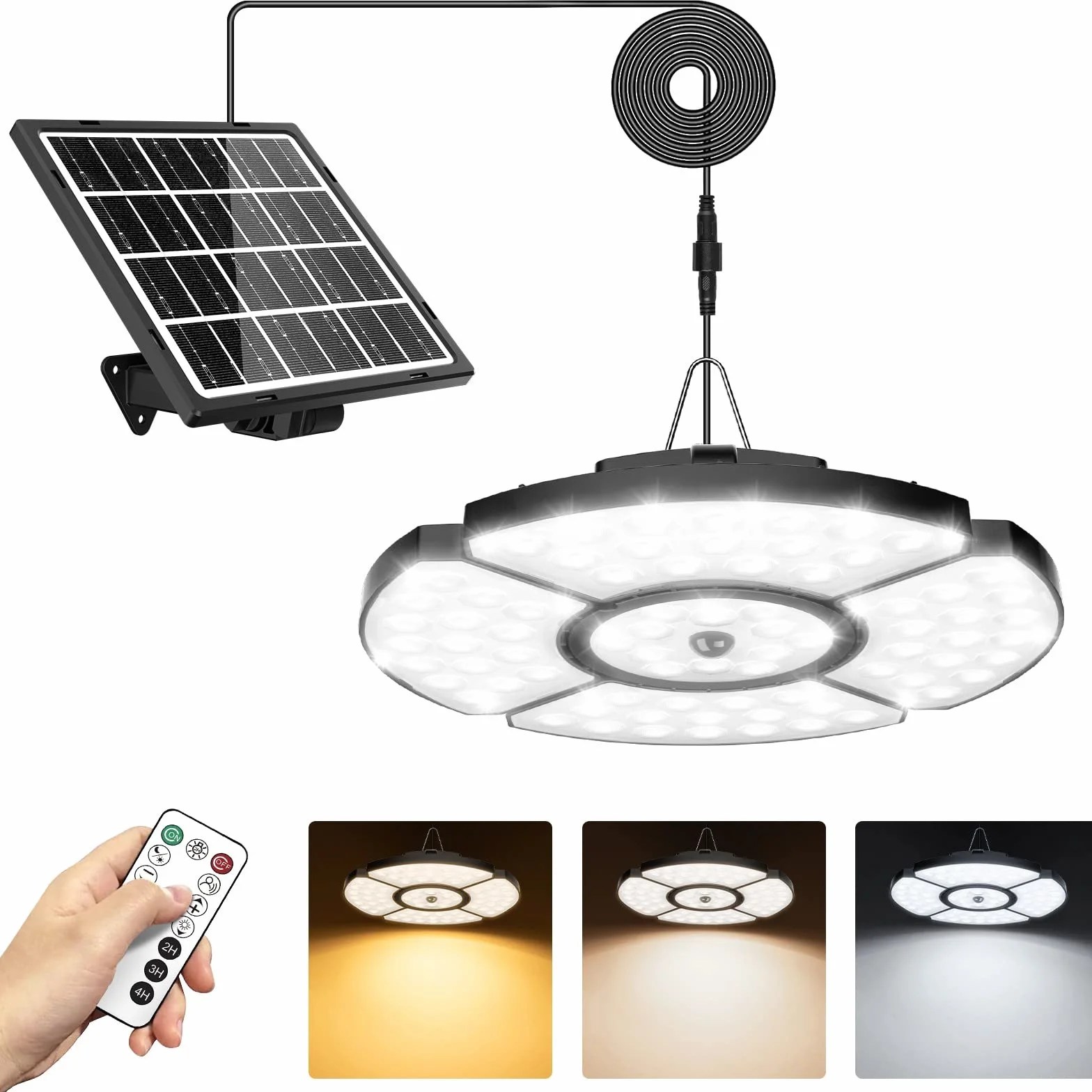 MEIHUA Lampy solarnye do użytku wewnątrz i na zewnątrz, 76 diod LED, z czujnikiem ruchu, pilotem zdalnym i regulowanym kątem świecenia 270°, IP54, wodoszczelne, 4 tryby