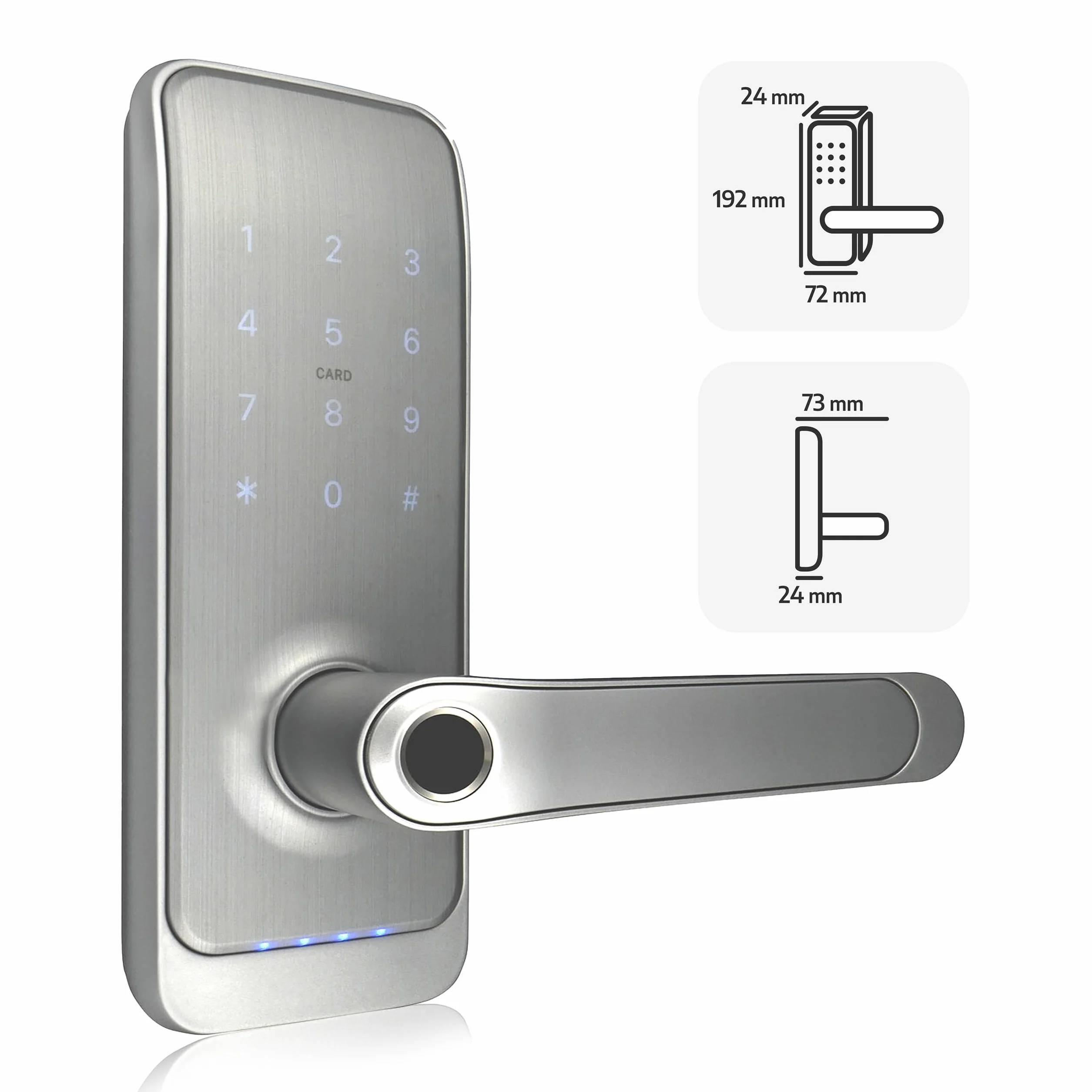 EURA ELH-01H4 inteligentny zamek do drzwi z uchwytem, zamek kodowy, czytnik zbliżeniowy 13,56 MHz, czytnik biometryczny, aplikacja TTLock/TTHotel, IP65, uniwersalny odstęp rygli, biały