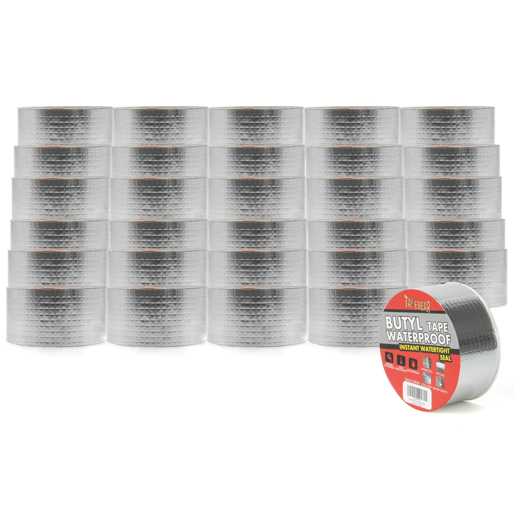 TAPEBEAR 30 rolek wodoodpornej taśmy butylowej 50 mm x 5 m, wodoszczelna, mocna, samoprzylepna taśma uszczelniająca, srebrna aluminiowa taśma klejąca do naprawy przecieków dachu, pęknięć powierzchni,