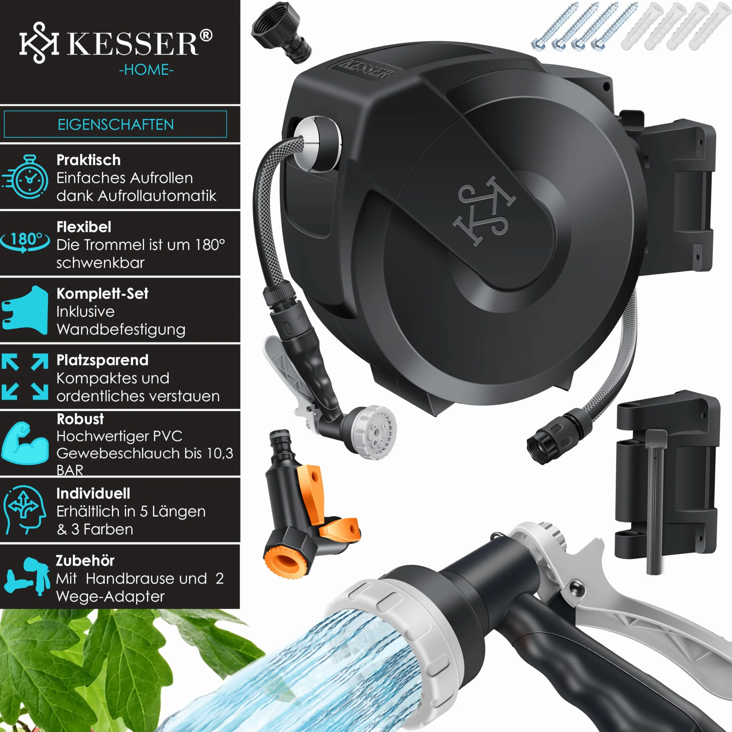 KESSER® Bęben na wąż ogrodowy z wężem ogrodowym 30 m | bęben do węża wodnego do montażu na ścianie | uchwyt ścienny | obracany o 180° i automatyczne zwijanie | pudełko na wąż ścienny w zestawie z 7
