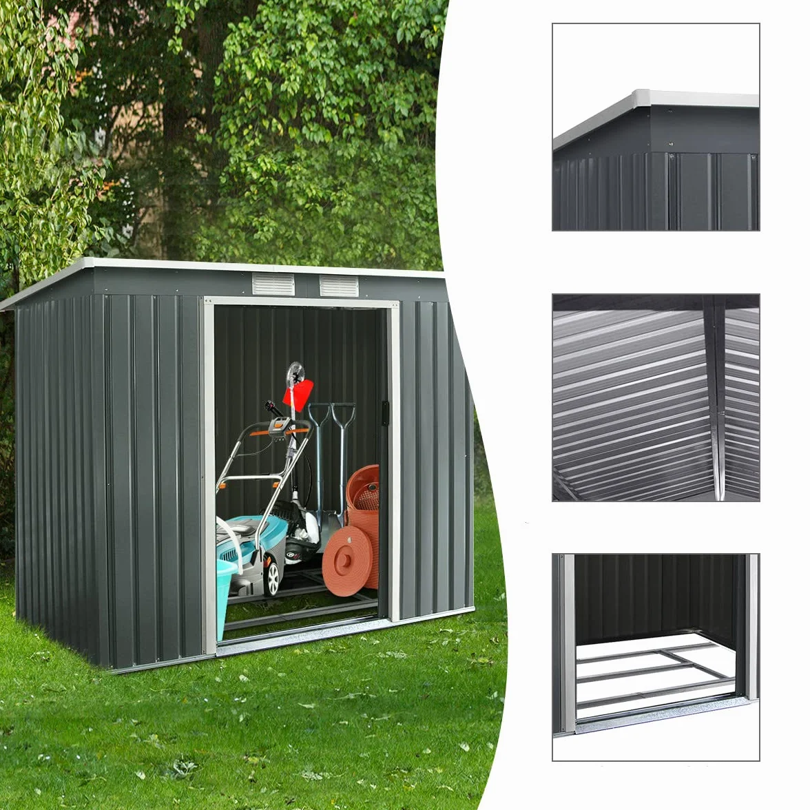 COSTWAY Metalowa Szopa Ogrodowa 213 x 130 x 173 cm 4,2 m³ z Dachem Dwuspadowym 2 Drzwiami Przesuwnymi