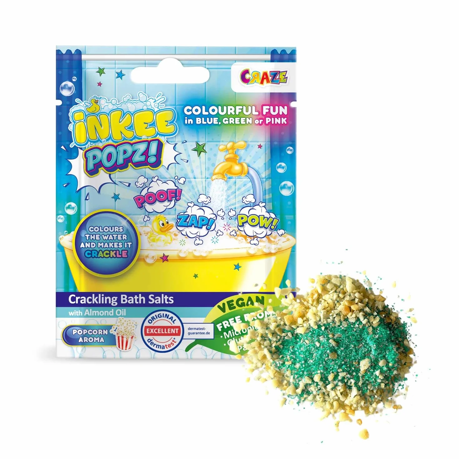 INKEE POPZ | Musująca Sól do Kąpieli dla Dzieci – Kolorowy Dodatek do Kąpieli w Różu, Niebieskim lub Zielonym z Olejem Migdałowym i Aromatem Popcornu, Saszetka 15g – Zabawa podczas Kąpieli