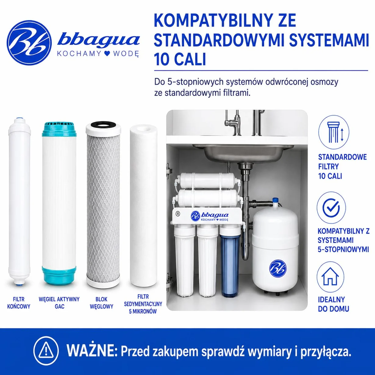 Zestaw 4 filtrów do wody do standardowego sprzętu do odwróconej osmozy. 1 osad, 1 węgiel GAC, 1 węgiel blokowy i 1 filtr końcowy z orzecha kokosowego. Wymieniaj raz w roku. Bbagua.