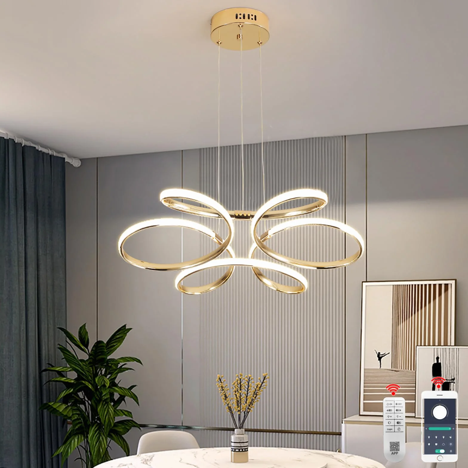 TONGCIYU Nowoczesny żyrandol do jadalni, kuchni, żyrandola i wejścia, ściemniana lampa wisząca LED o regulowanej wysokości, 32 W, do przedpokoju, salonu, sypialni, 58 cm (złoty M)