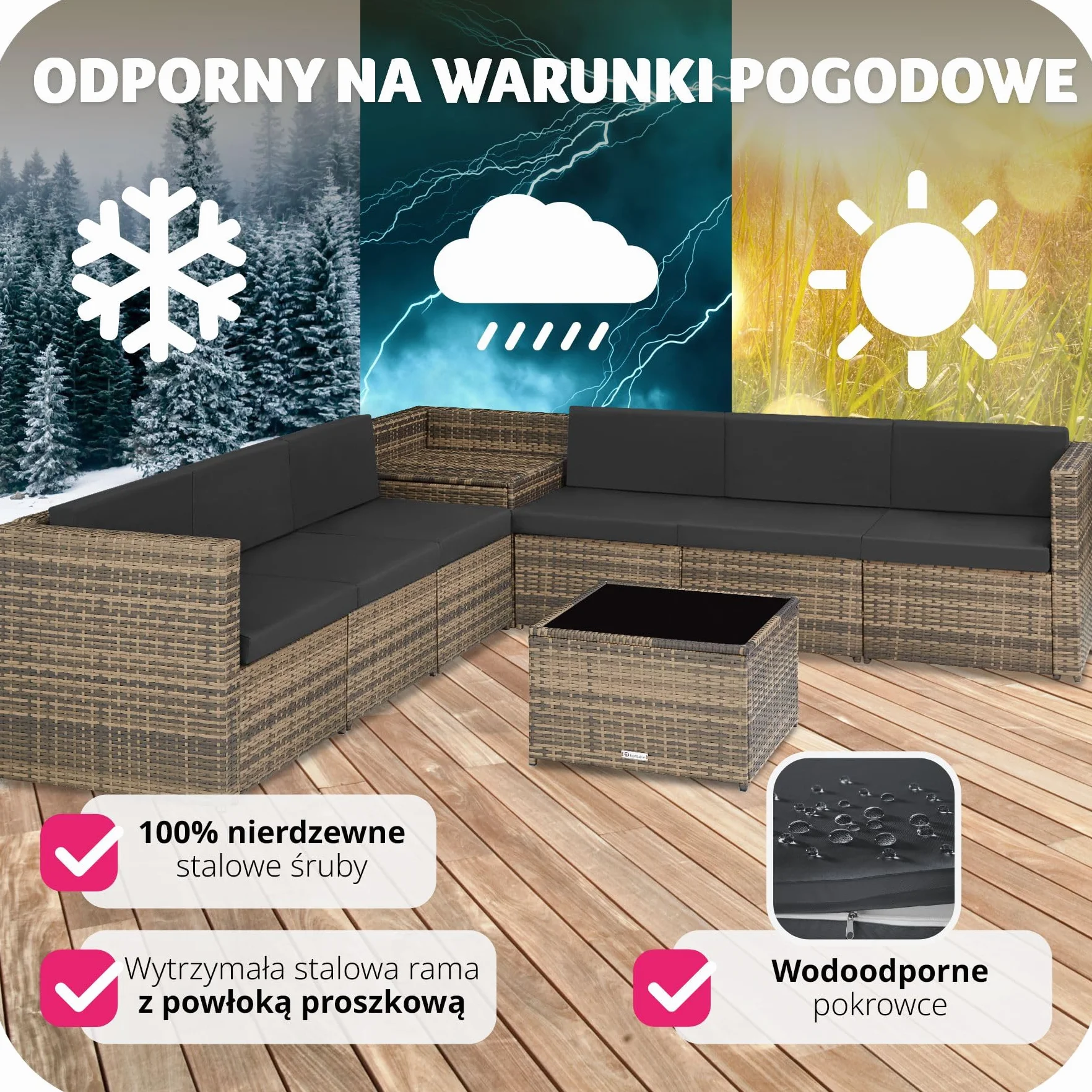 tectake Ogrodowy Zestaw Wypoczynkowy z Technorattanu Verona Stół ze Szkłem Wodoodporne Poszewki UV Odporny naturalny