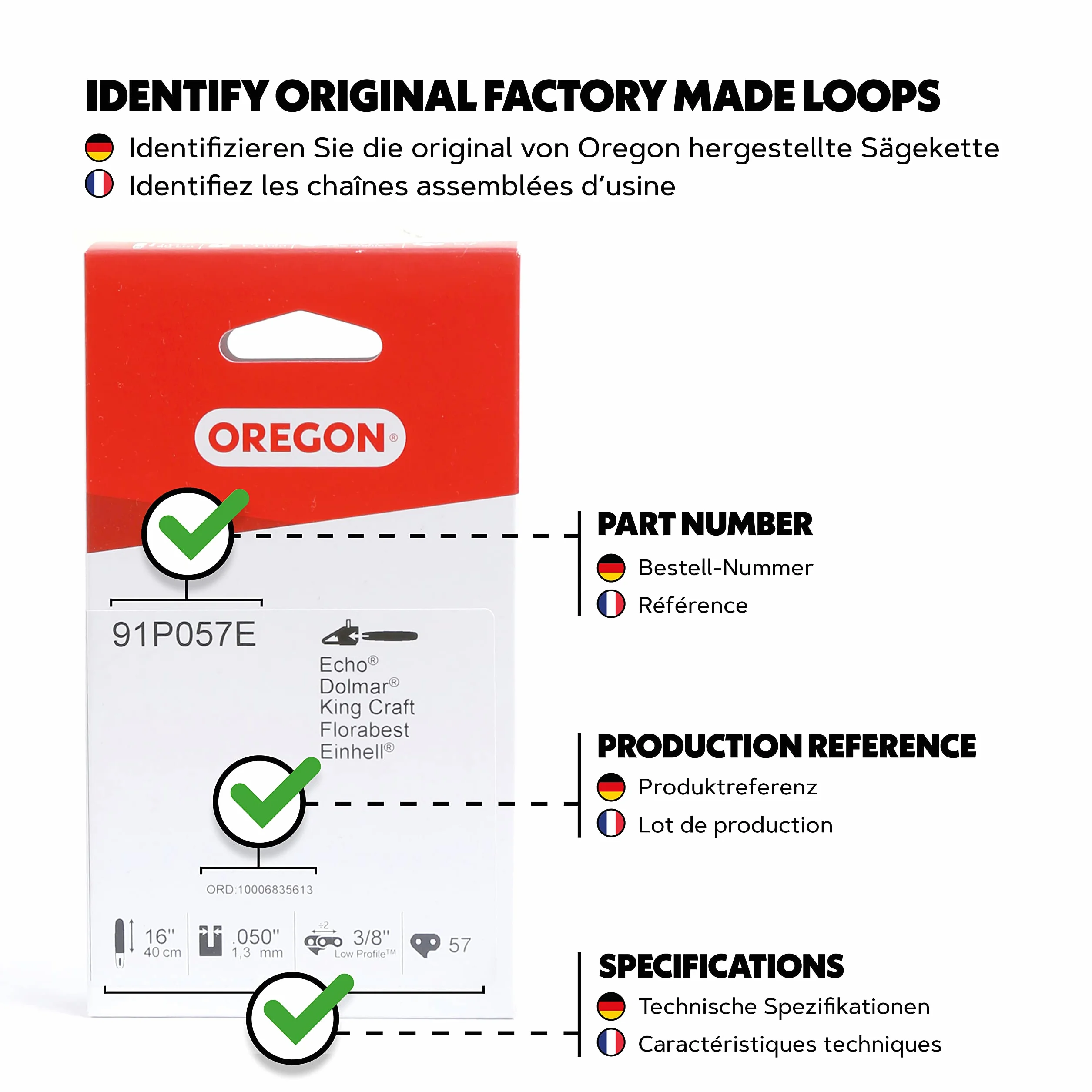 Oregon Łańcuch do piły łańcuchowej 91P do szyny 16" (40 cm) – 57 ogniw napędowych – łańcuch o niskim odbiciu kompatybilny z Titan, Gardenline, Black & Decker, Spear & Jackson, Einhell, Worx i nie tylko