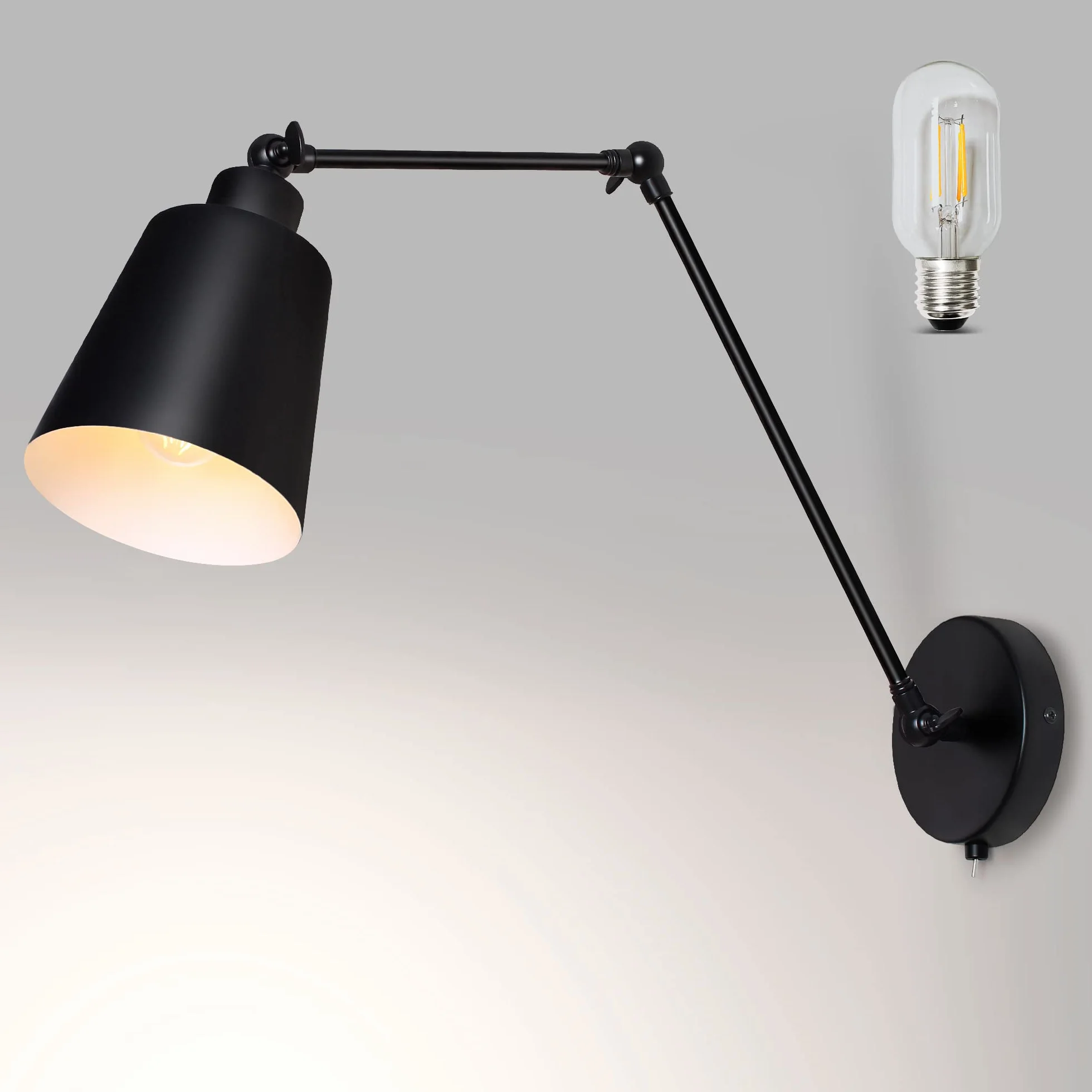 Kinkiety obrotowe z przełącznikiem 60cm kinkiety ścienne, sypialnia lampka nocna z kloszem, stożek oświetlenie wewnętrzne do czytania (żarówka w zestawie)