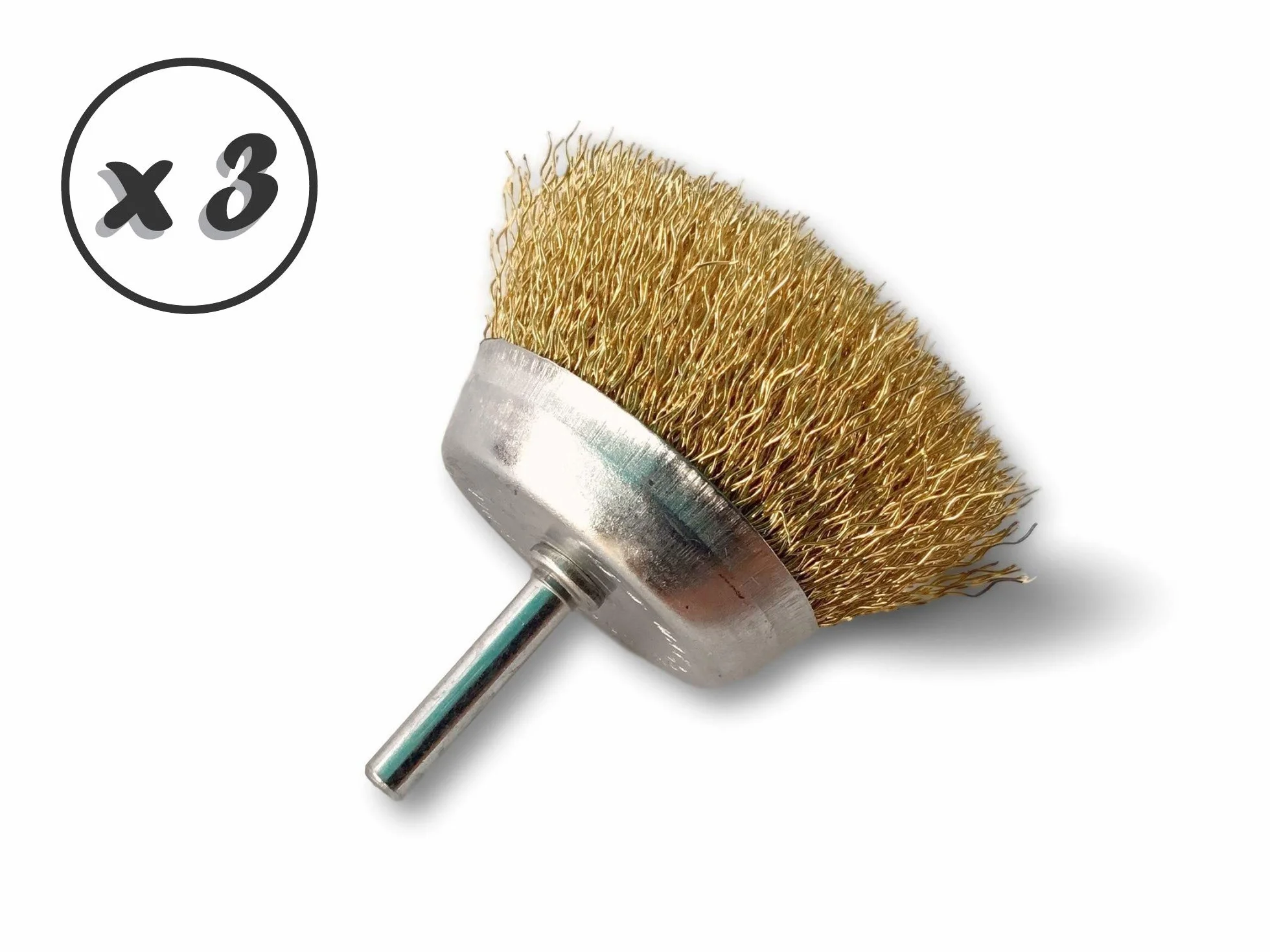 Metalowa szczotka obrotowa do cięcia Ø 75 mm | Zestaw 3 | Na pręcie Ø 6 mm | Drut mosiężny Ø 0,30 mm twardy | Do wiertarki lub wkrętarki z uchwytem | Kibros 2575LTx3