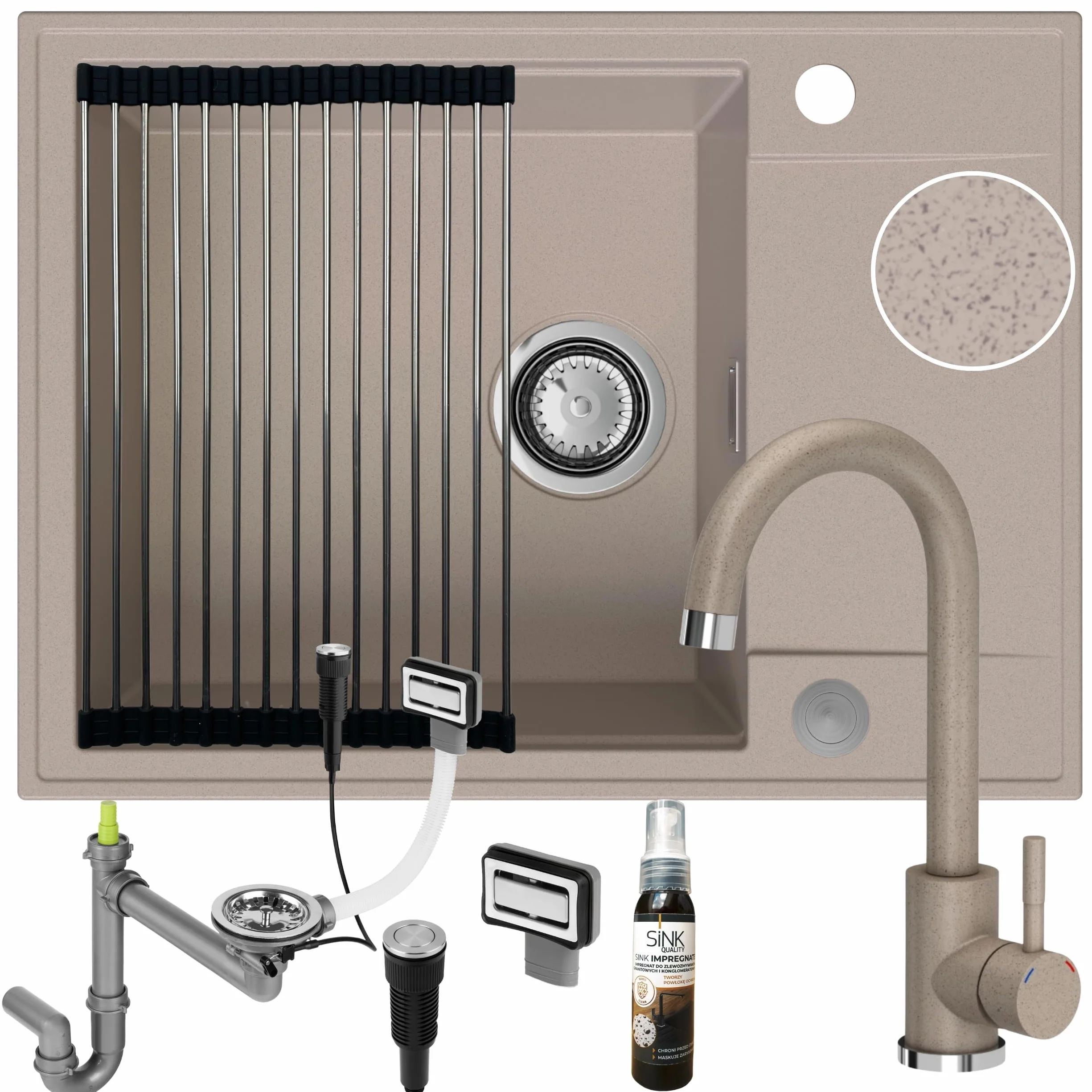 SINK Quality zlewozmywak beżowy z armaturą zestaw 62 x 46 – zlewozmywak z kranem, syfon, push, ociekacz, środek impregnujący – kompletny zestaw do szafki pod umywalkę 55