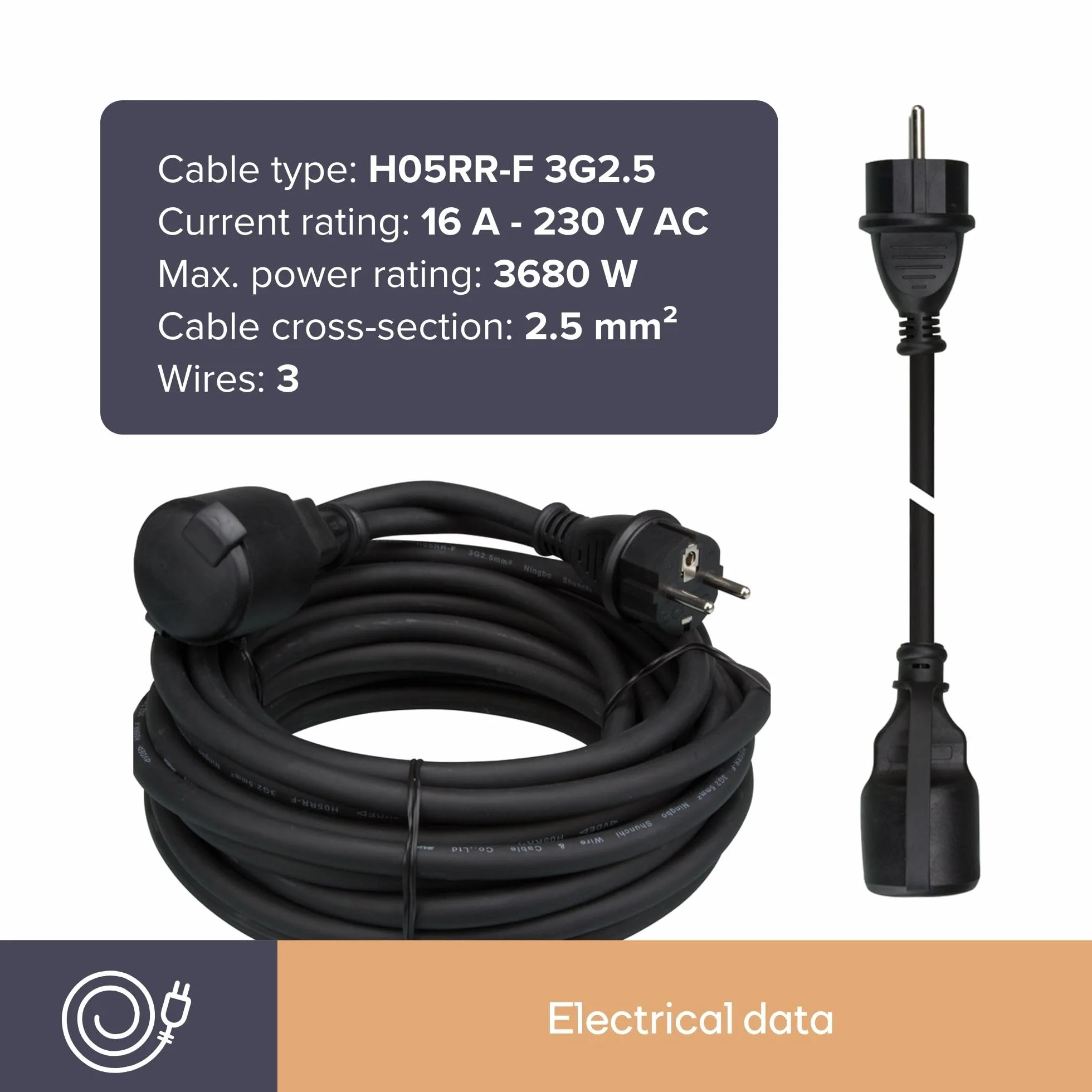 Perel EC25R25 gumowy kabel przedłużający, 3G2,5, długość 25 m, czarny 168890