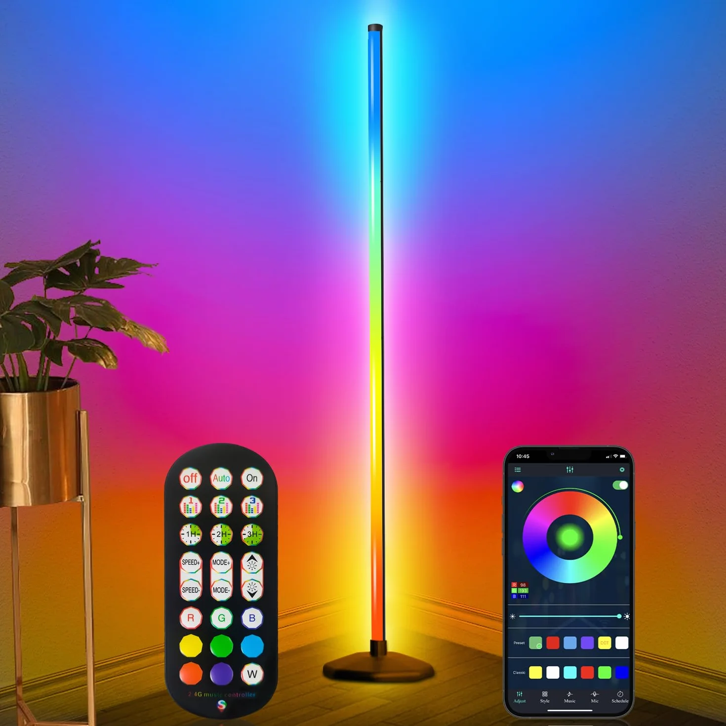 KingSom Lampa podłogowa LED, lampa narożna RGBW, inteligentna lampa podłogowa z pilotem i aplikacją Bluetooth, 16 milionów kolorów, synchronizacja muzyki i zegar, nowoczesna lampa podłogowa