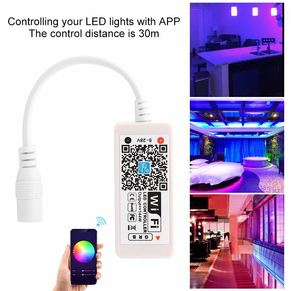 Kontroler LED WiFi, listwa świetlna RGB, sterowanie za pomocą aplikacji, zasięg 30 m, kompatybilny z systemem Android 4.3/iOS 7.0, inteligentne oświetlenie domu na imprezę, randkę, do kina domowego