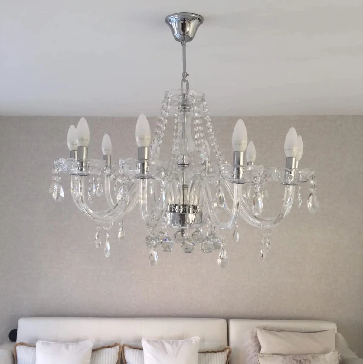 Nowoczesny kryształowy żyrandol z 10 lampkami, przezroczyste szkło kryształowe K9, elegancka lampa wisząca do jadalni, salonu, foyer, salonu, średnica 80 cm, wysokość 60 cm, łańcuch 60 cm