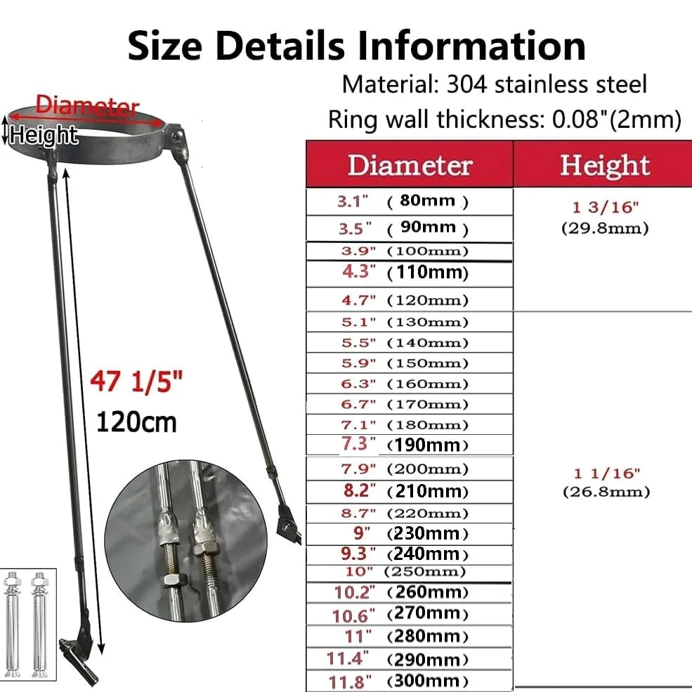 Uchwyt Rury Kominowej - Obejma Ścienna Nierdzewna | Uchwyt ze stali nierdzewnej do rury kominowej, regulowany od 3" do 12"(140mm)