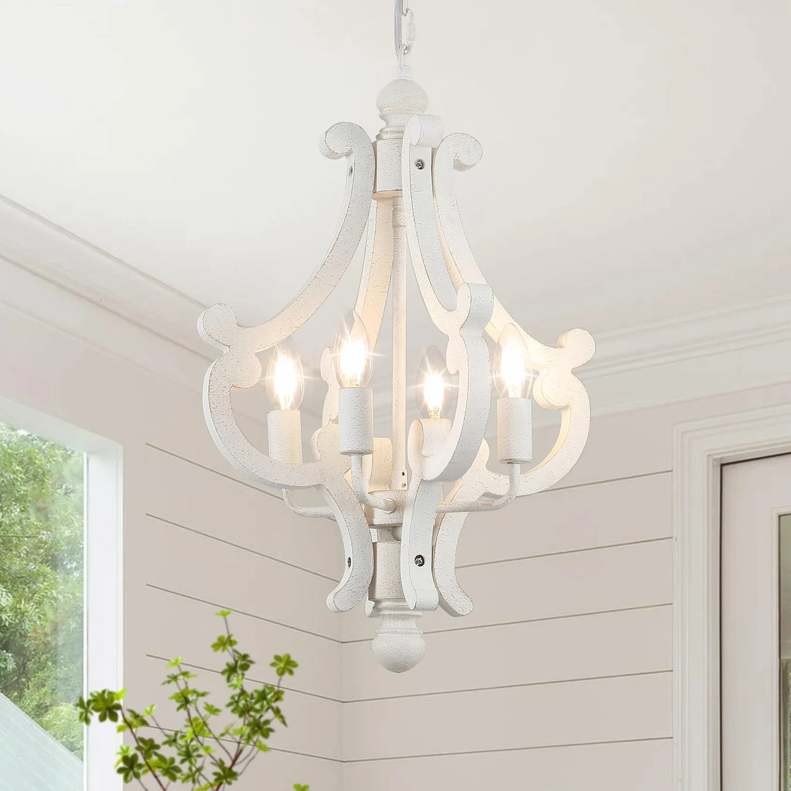 Żyrandol w stylu vintage, 4 światła, biały, 37 cm, 60 W, regulowana wysokość, możliwość ściemniania | Nowoczesna rustykalna lampa wisząca do stołu jadalnego E14 francuska drewniana farma do salonu, sypialni
