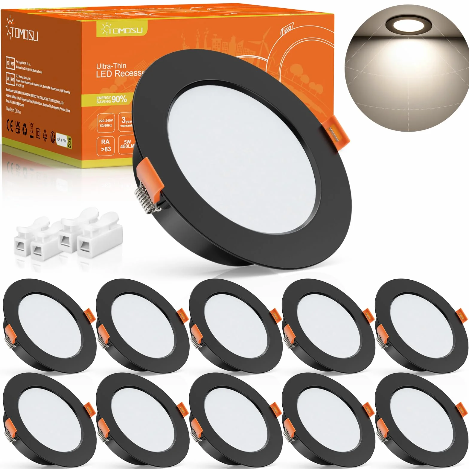 Tomosu Reflektor LED do Zabudowy 230 V, Czarny, 5 W, IP44, Płaski, Okrągły, Ø 75-85 mm, Głębokość 24 mm, 450 lm, Światło Punktowe LED, Neutralna Biel, 4000 K
