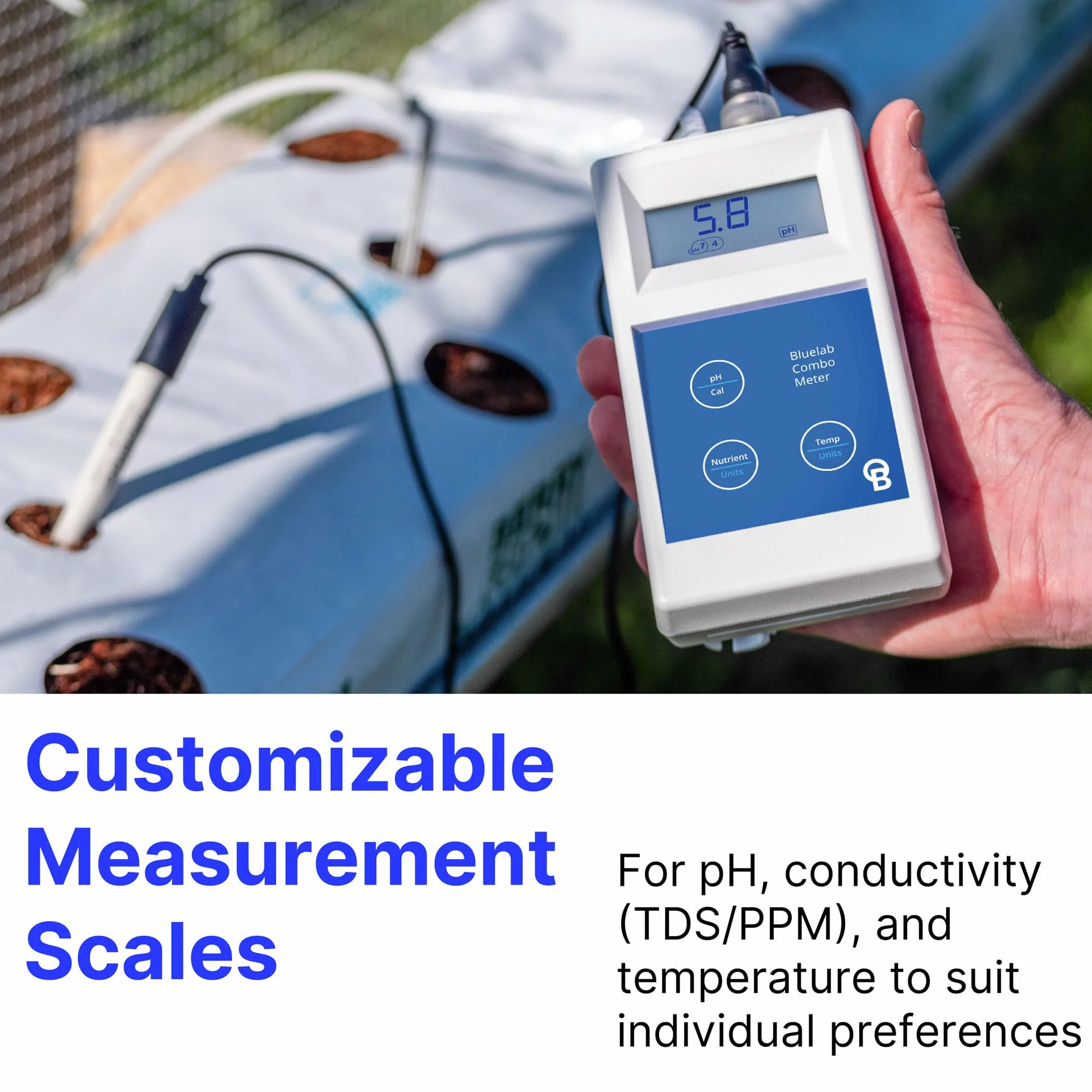 Bluelab METCOMPLUS Combo Meter PLUS do pH, temperatury i przewodności, łatwa kalibracja, działa w wełnie mineralnej i glebie