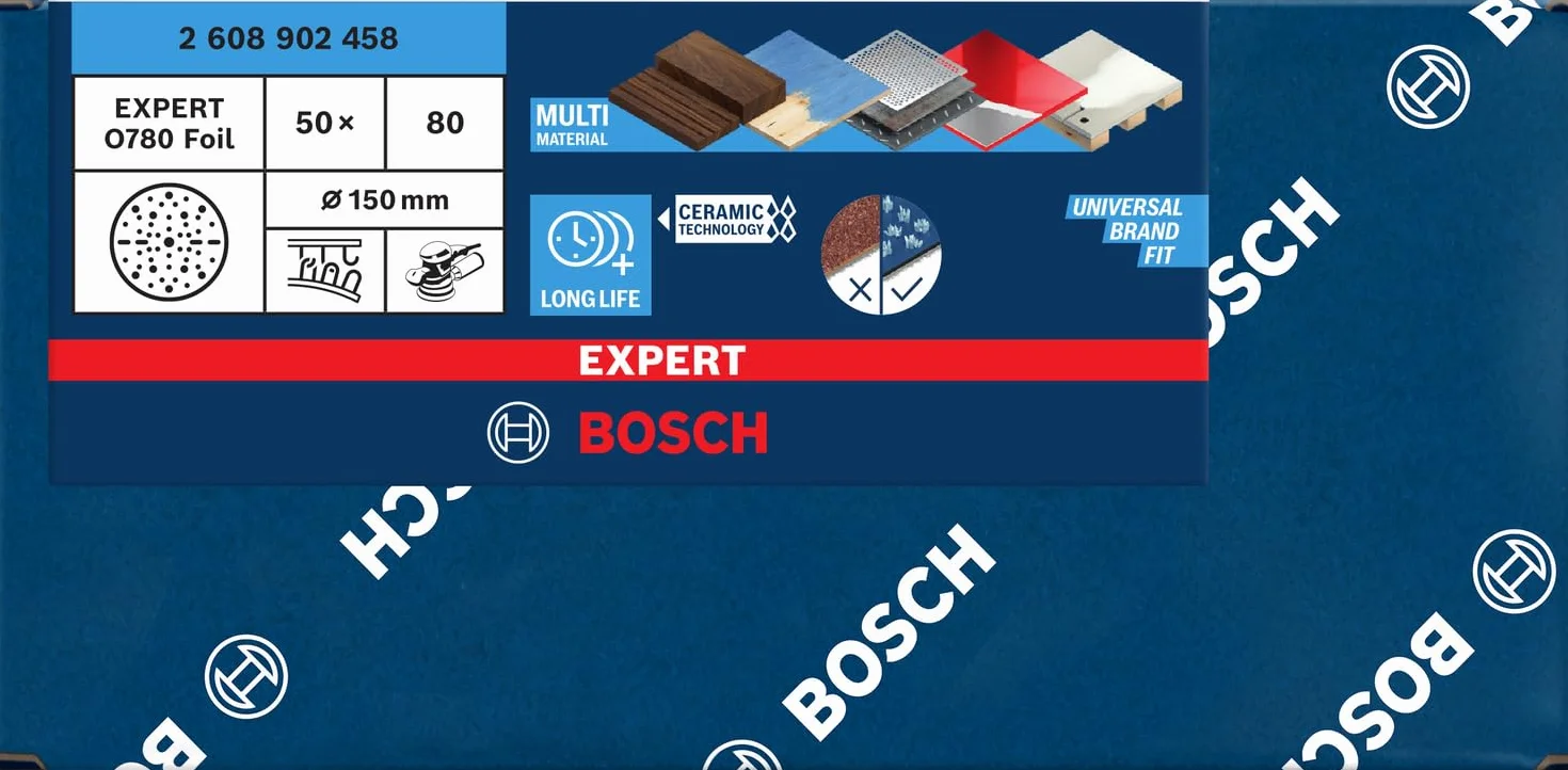 Bosch 50x EXPERT O780 tarcza szlifierska do folii, 150 mm (do twardego drewna, farba na drewnie, Ø 150 mm, ziarnistość 80, profesjonalne akcesoria szlifierka mimośrodowa)