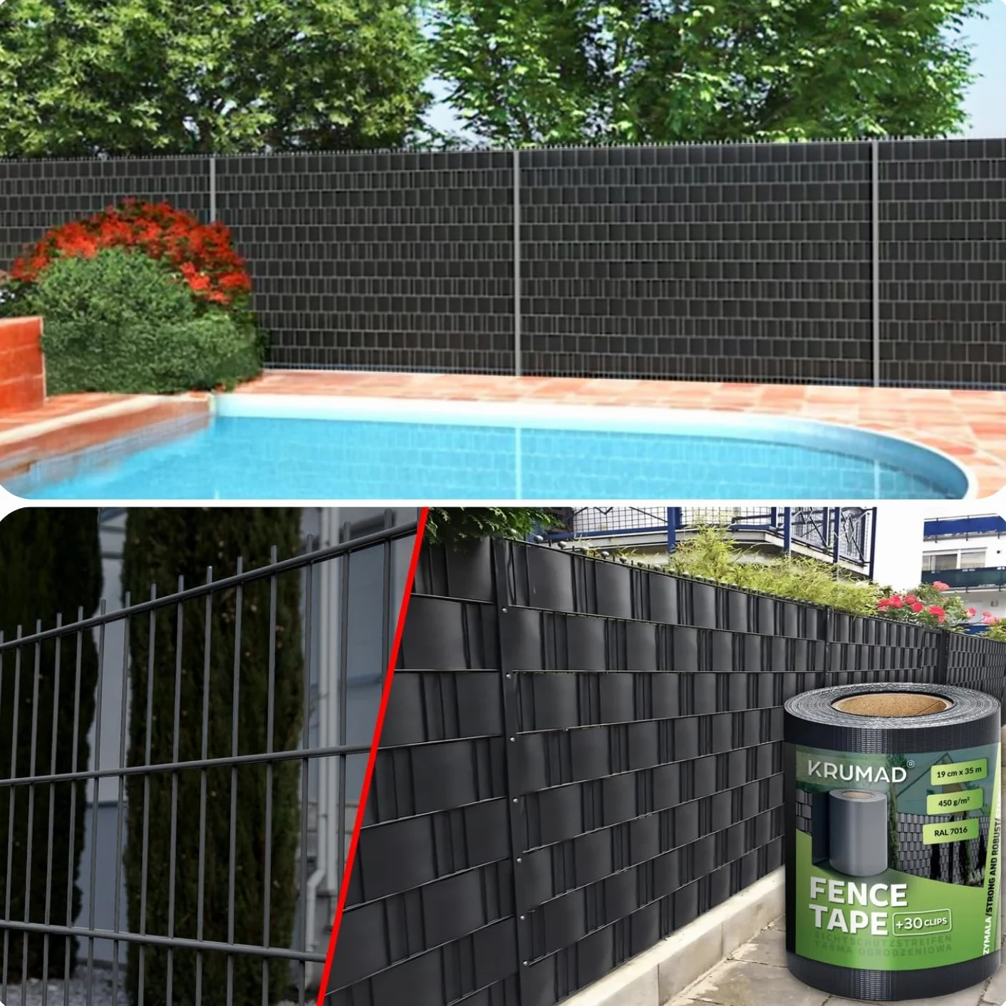 KRUMAD Taśma Osłonowa na Ogrodzenie 19 cm x 35 m PVC 450 g/m² Odporna na UV Antracyt