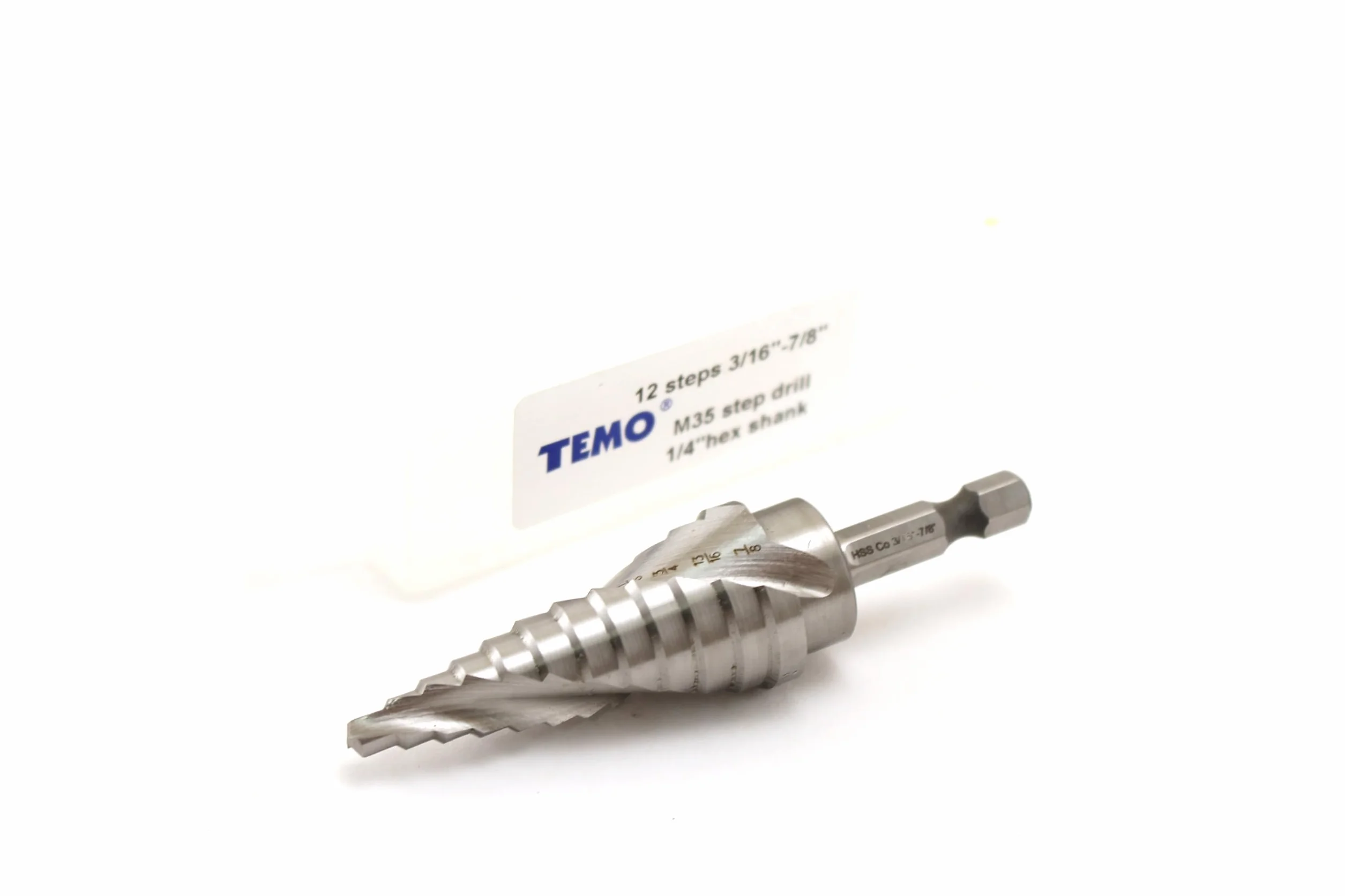 TEMO Wiertło stopniowe M35 kobaltowe, 12 rozmiarów od 3/16 cala (4,8 mm) do 7/8 cala (22,2 mm), chwyt sześciokątny 1/4 cala (6,4 mm)