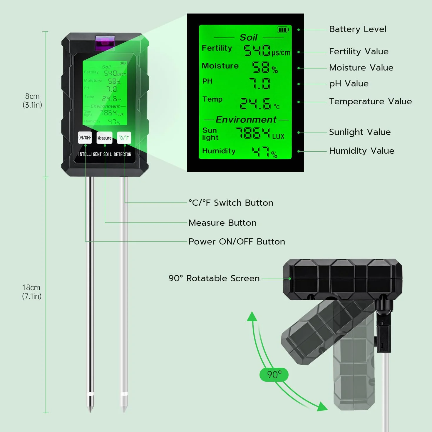 Mcbazel Tester gleby, wielofunkcyjny tester gleby 6 w 1 pH/temperatura/płodność/natężenie światła / wilgotność otoczenia, miernik wilgotności powietrza do roślin trawnikowych/roślin