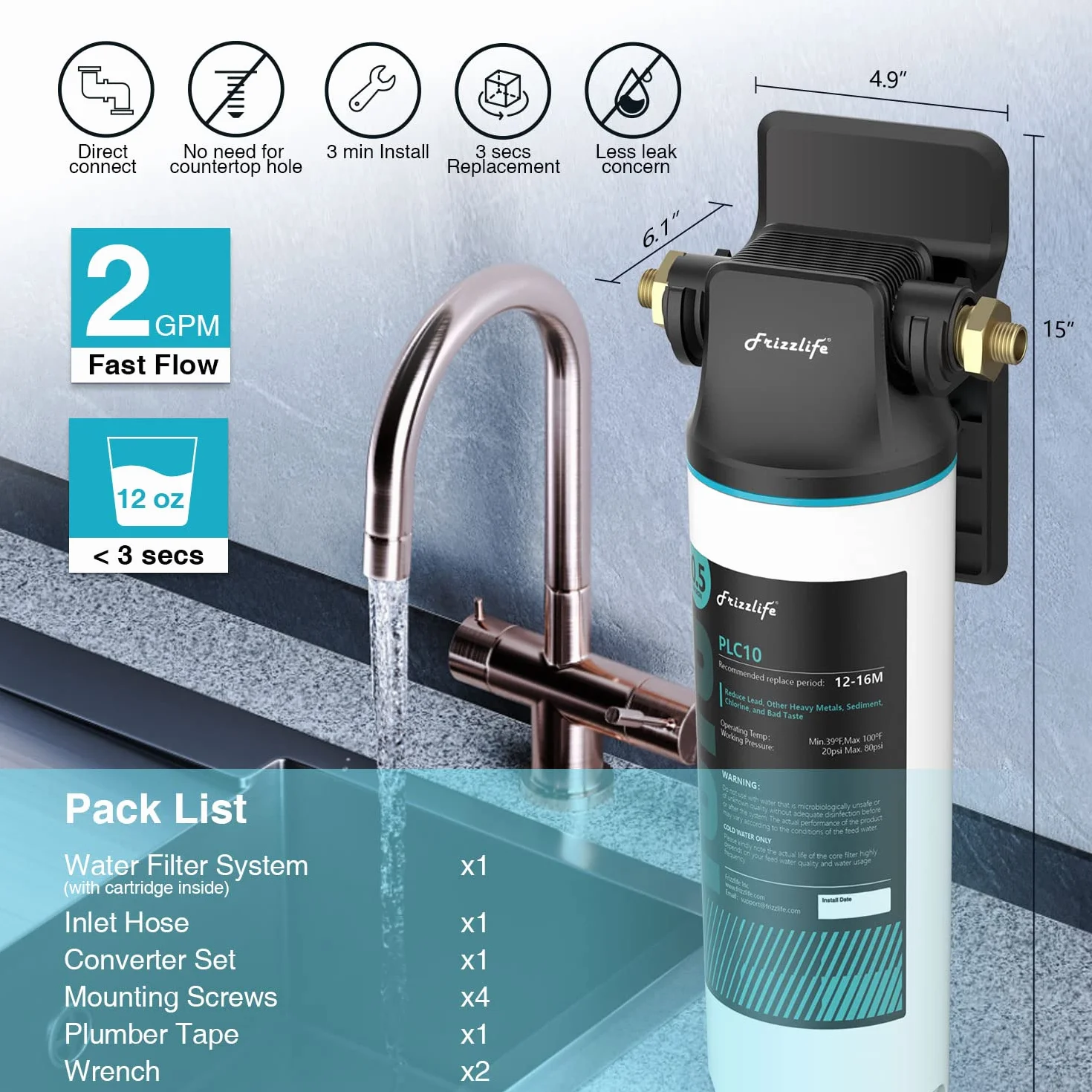 Frizzlife SW10 System filtrów wody pod zlewozmywakiem, certyfikat NSF/ANSI 53&42, redukuje 99,99% ołowiu, chloru, złego smaku i zapachu, bezpośredni łącznik pod filtrem wody pitnej, 0,5 mikrona