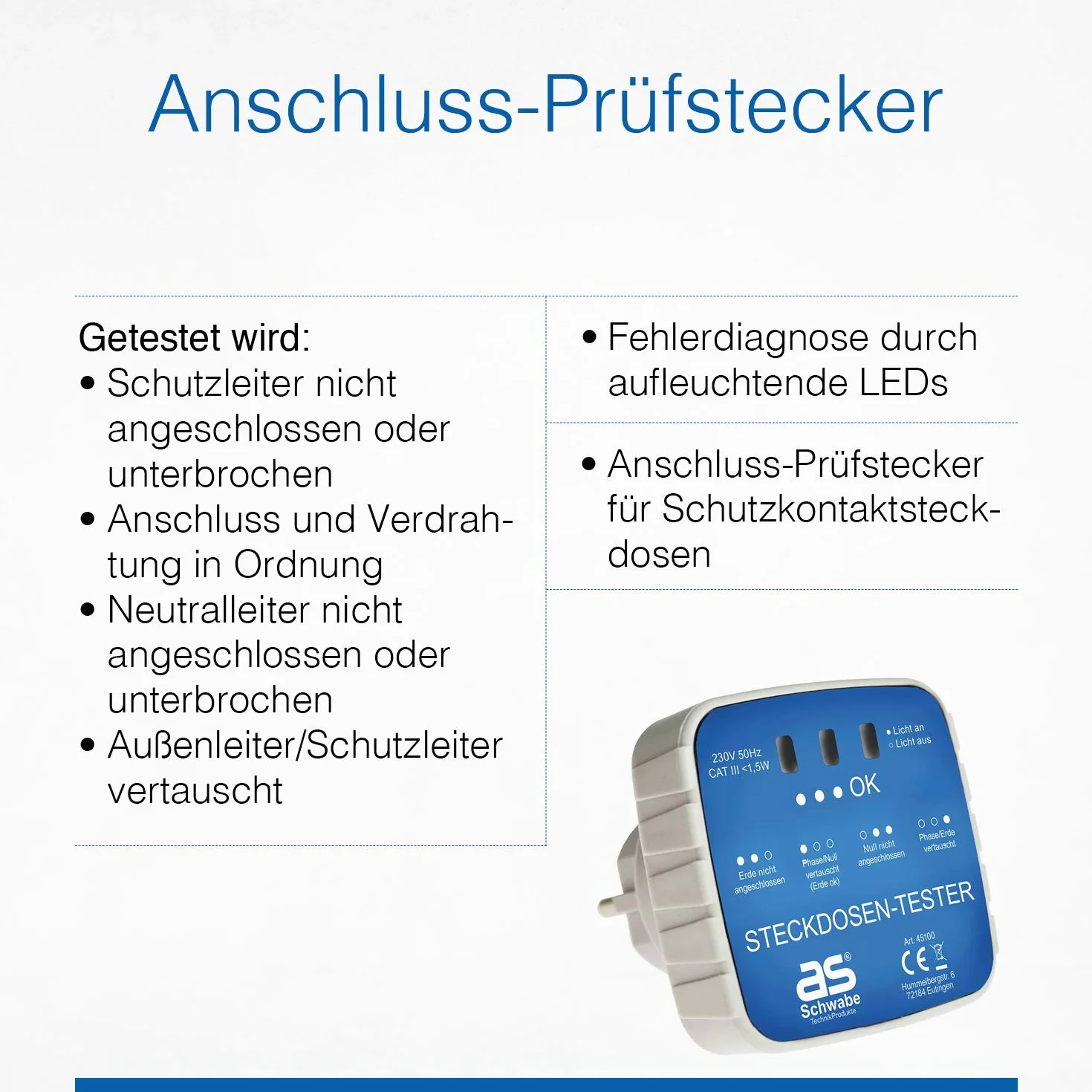 as - Schwabe 45100 Złącze Testowe Wtyczki Ze Wskaźnikiem Światła, 230 V, Wit/Blauw