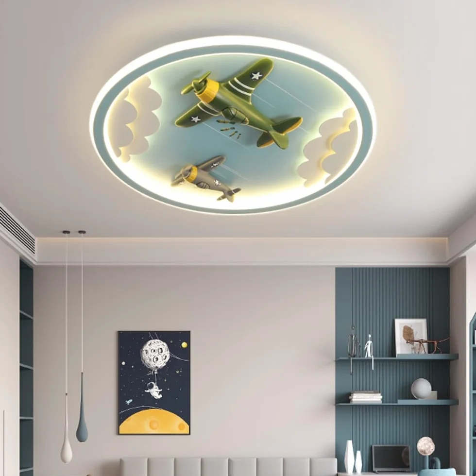 Lampa Sufitowa LED Samolot dla Dzieci Ściemnialna z Pilotem Okrągła Niebieska 50cm